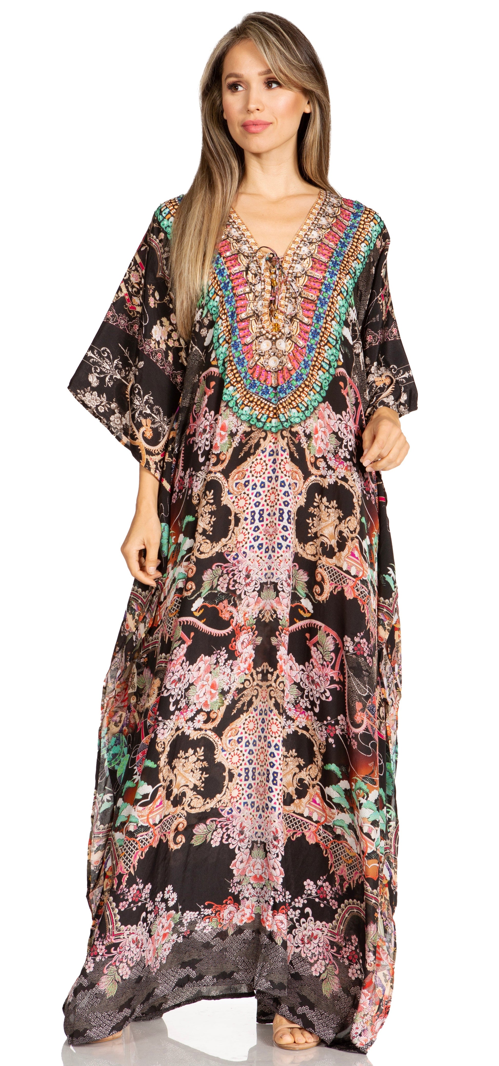 Sakkas Yeni Women's Short Sleeve V-neck Summer Floral Long Caftan Dress Cover-up - Concordia Style Boutique