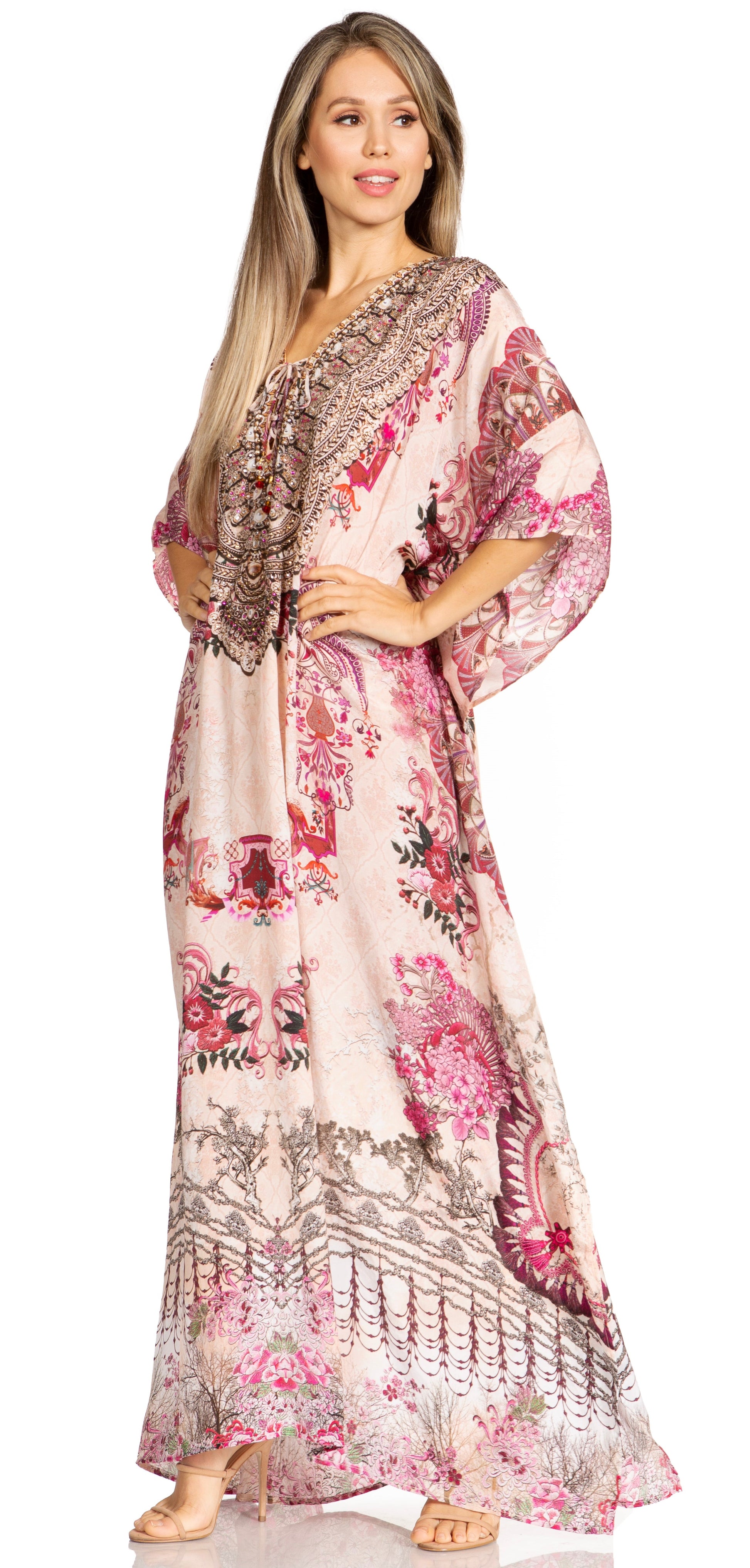 Sakkas Yeni Women's Short Sleeve V-neck Summer Floral Long Caftan Dress Cover-up - Concordia Style Boutique