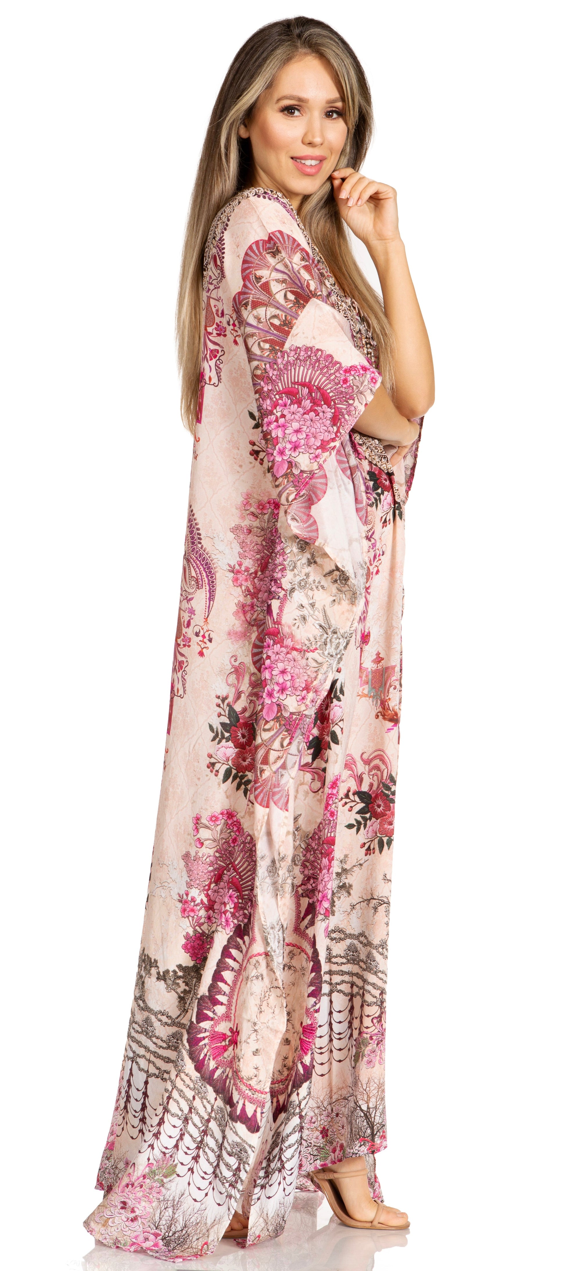 Sakkas Yeni Women's Short Sleeve V-neck Summer Floral Long Caftan Dress Cover-up - Concordia Style Boutique