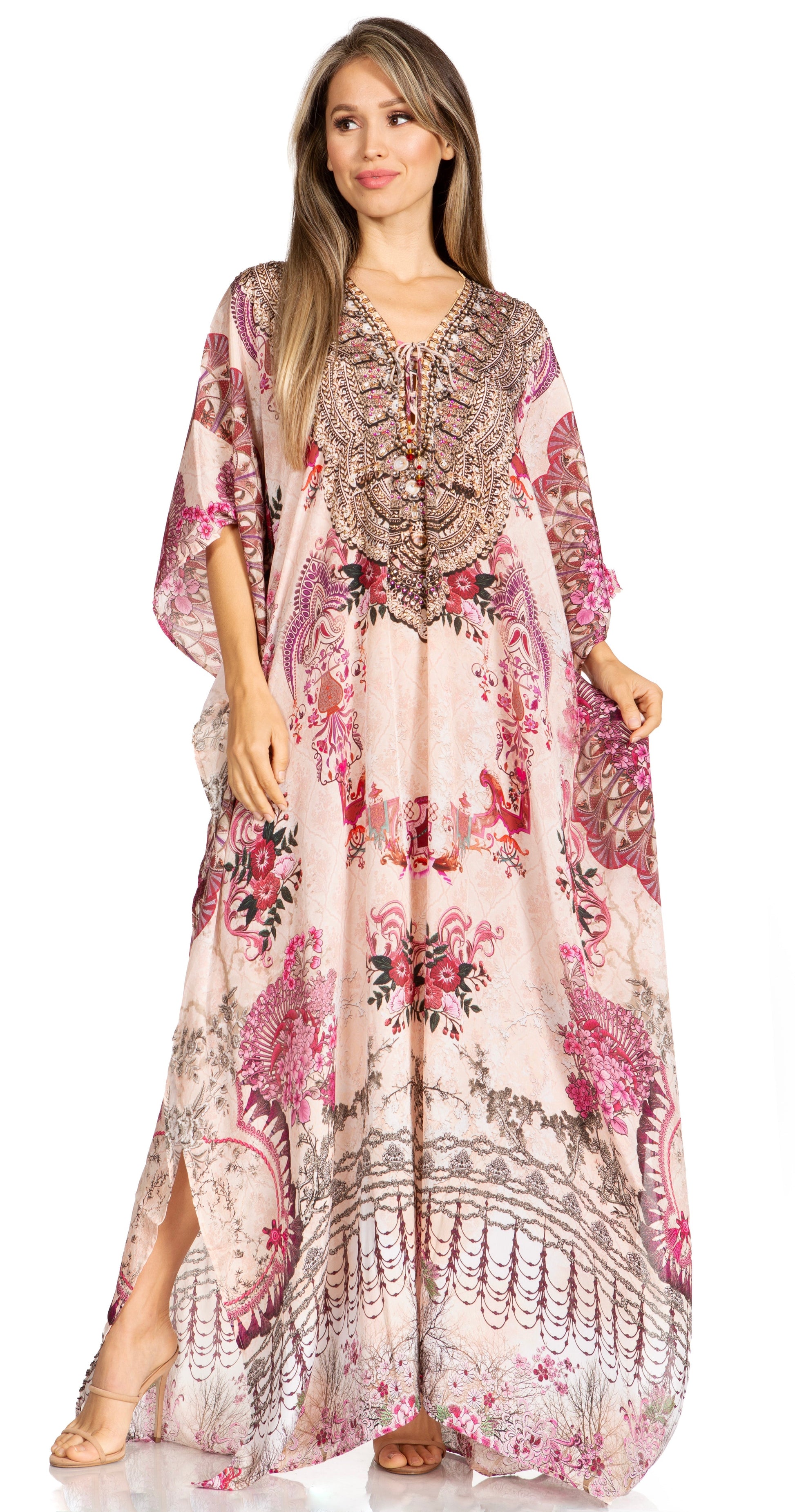 Sakkas Yeni Women's Short Sleeve V-neck Summer Floral Long Caftan Dress Cover-up - Concordia Style Boutique