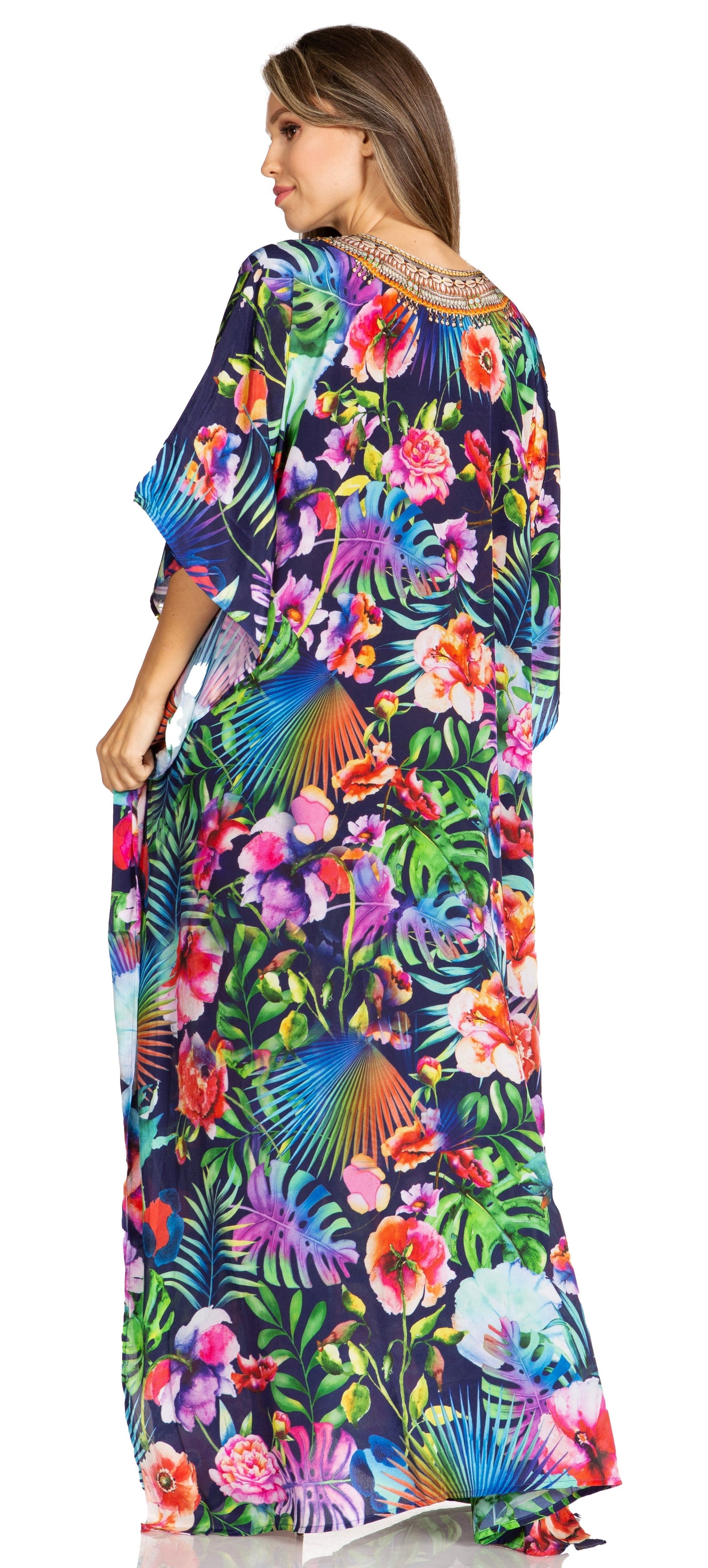 Sakkas Yeni Women's Short Sleeve V-neck Summer Floral Long Caftan Dress Cover-up - Concordia Style Boutique