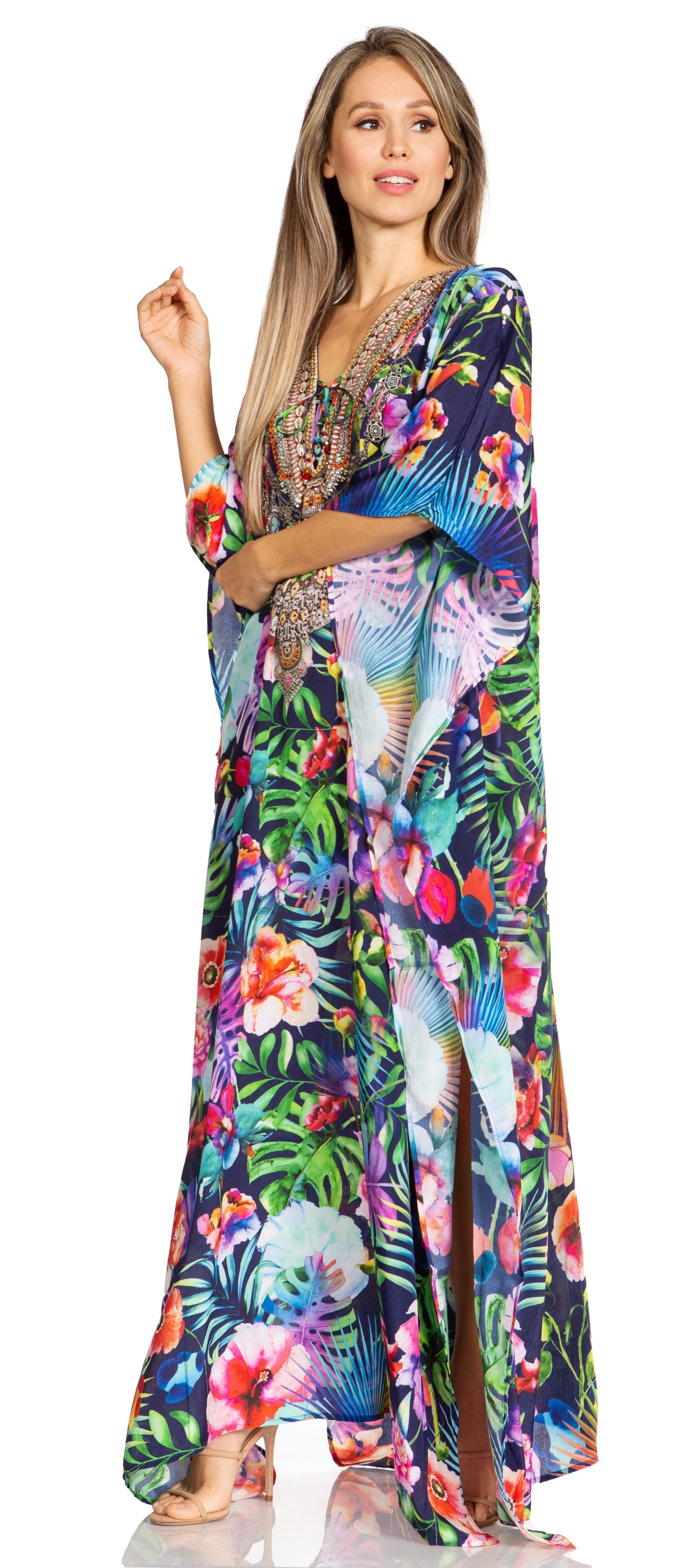 Sakkas Yeni Women's Short Sleeve V-neck Summer Floral Long Caftan Dress Cover-up - Concordia Style Boutique