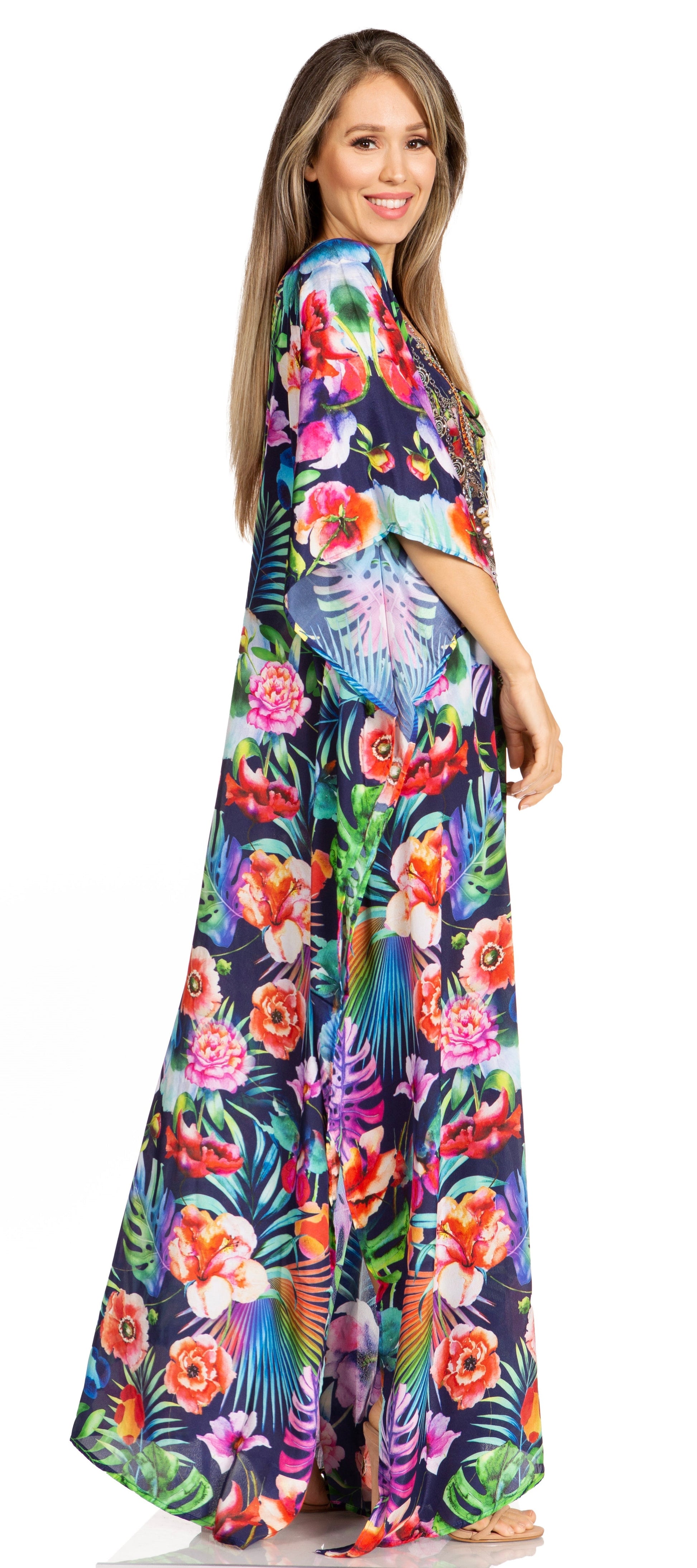 Sakkas Yeni Women's Short Sleeve V-neck Summer Floral Long Caftan Dress Cover-up - Concordia Style Boutique