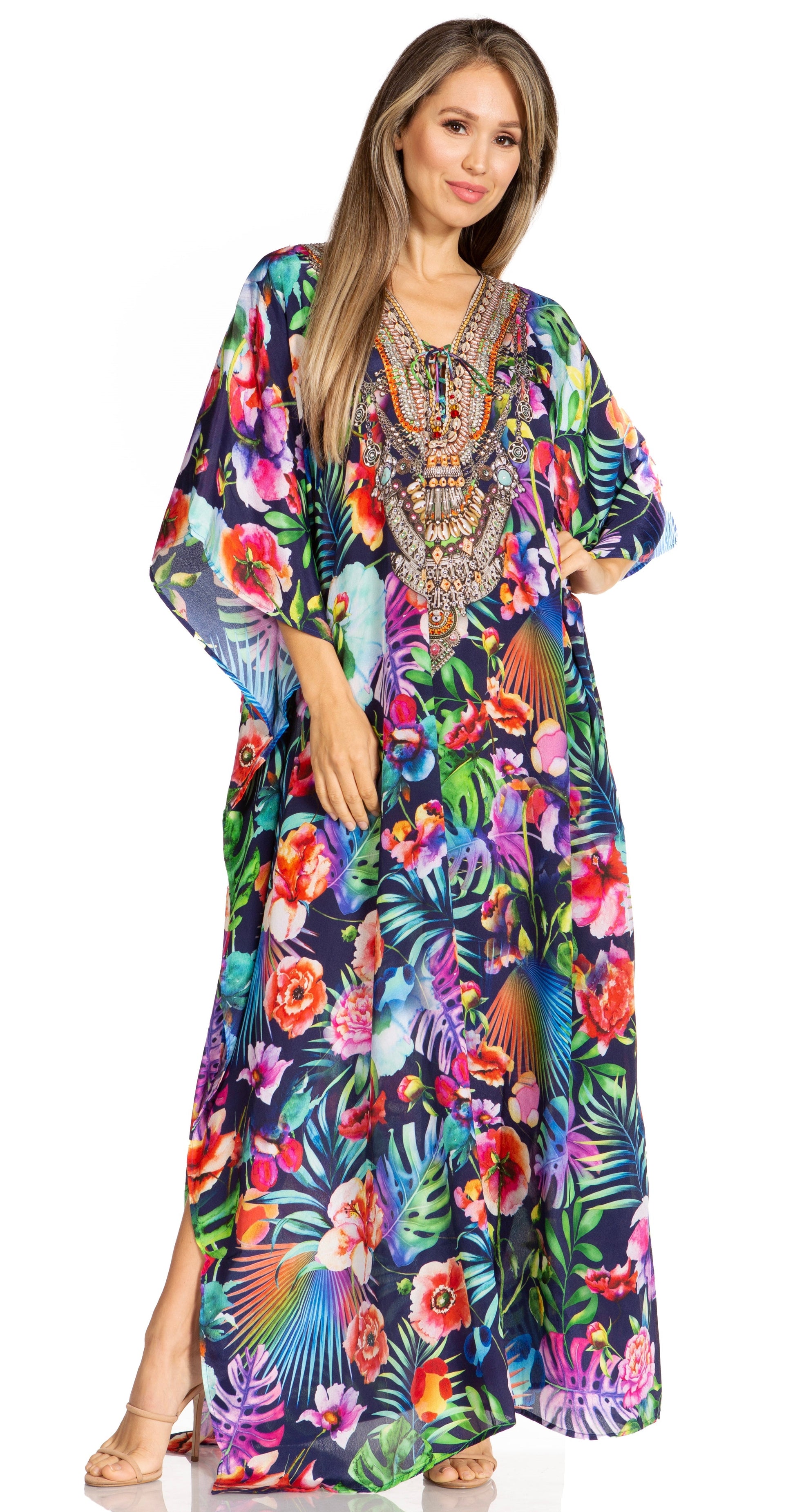 Sakkas Yeni Women's Short Sleeve V-neck Summer Floral Long Caftan Dress Cover-up - Concordia Style Boutique
