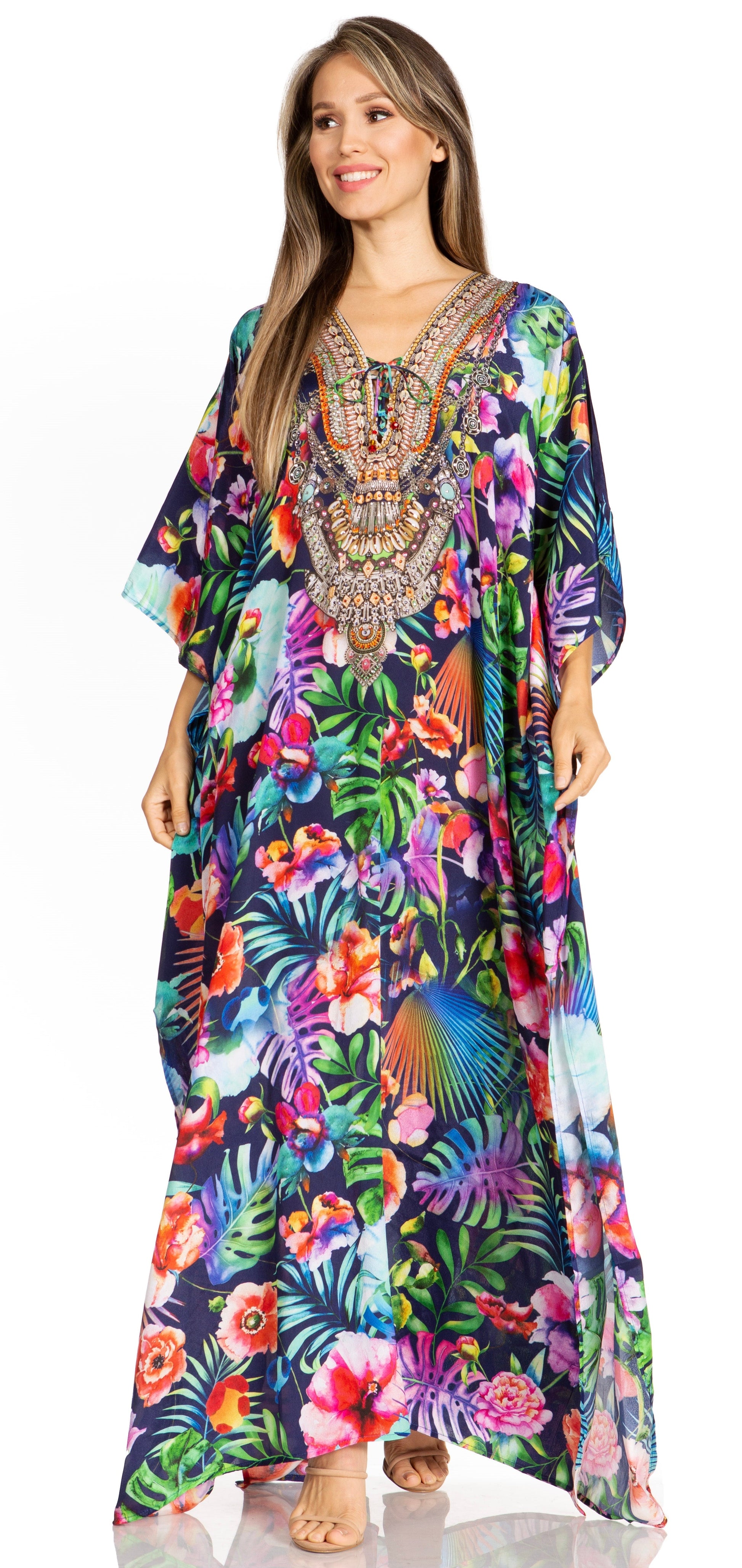 Sakkas Yeni Women's Short Sleeve V-neck Summer Floral Long Caftan Dress Cover-up - Concordia Style Boutique