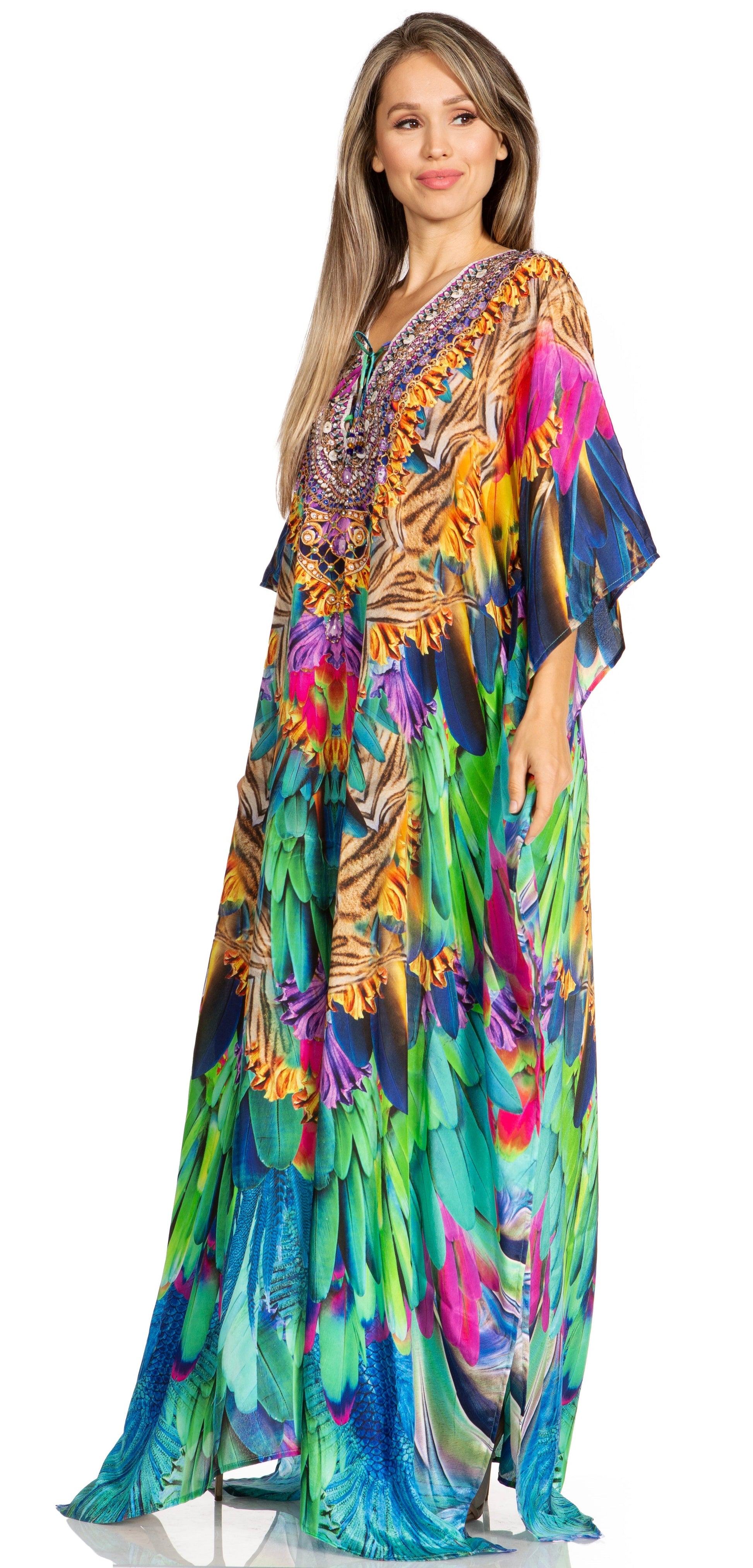 Sakkas Yeni Women's Short Sleeve V-neck Summer Floral Long Caftan Dress Cover-up - Concordia Style Boutique