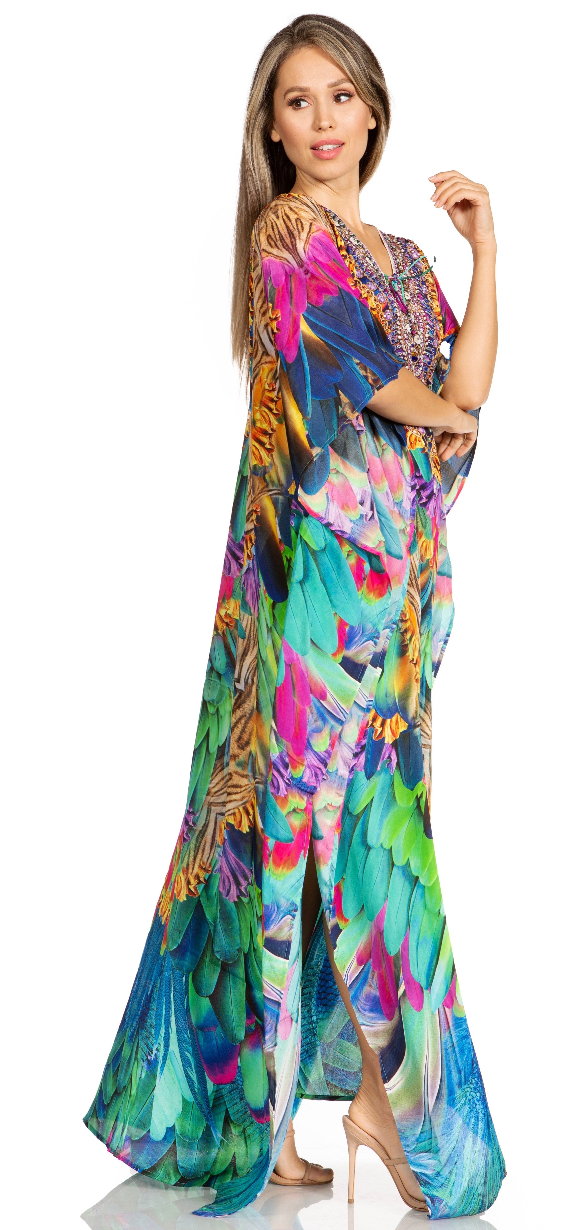 Sakkas Yeni Women's Short Sleeve V-neck Summer Floral Long Caftan Dress Cover-up - Concordia Style Boutique