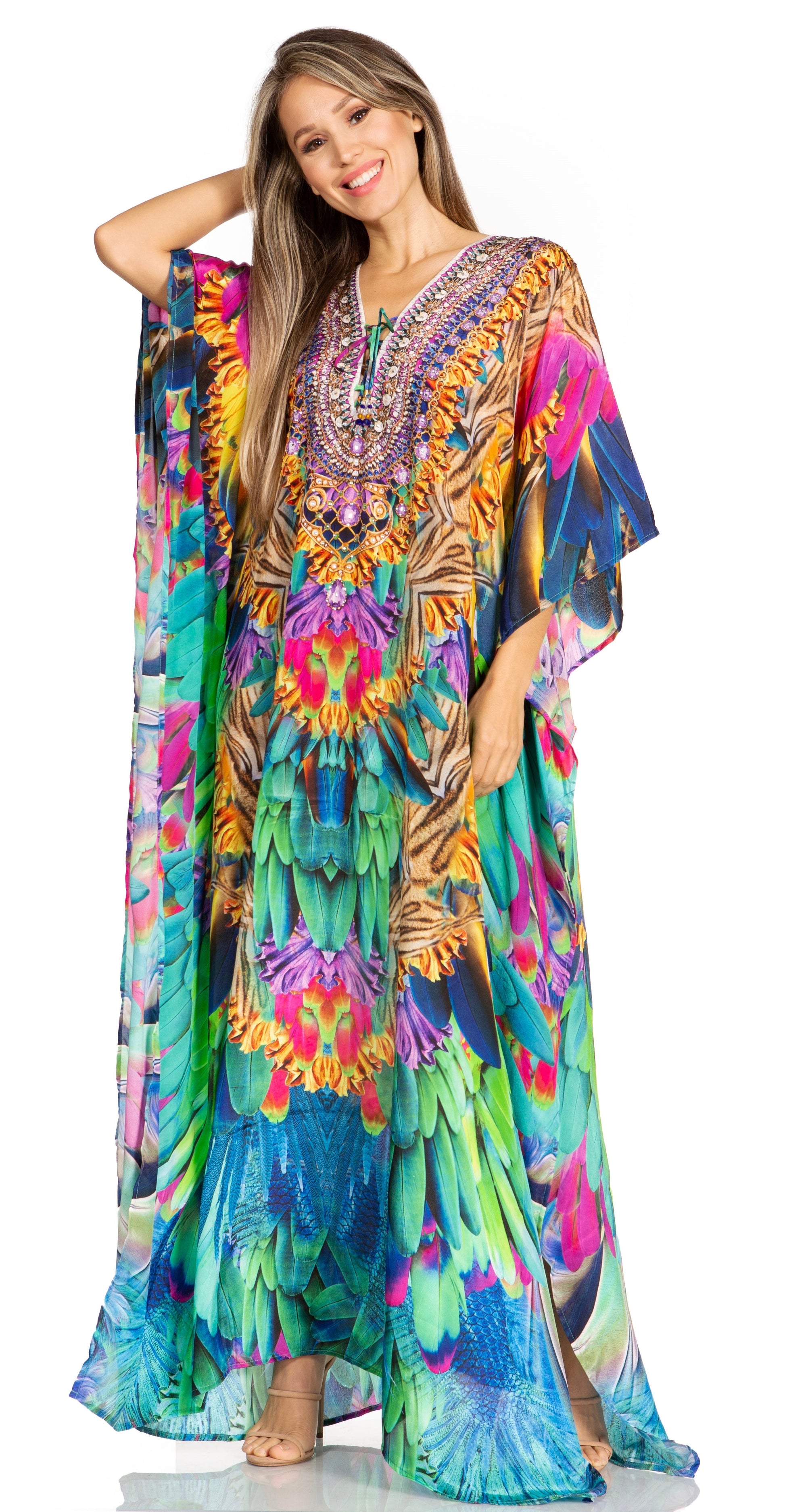 Sakkas Yeni Women's Short Sleeve V-neck Summer Floral Long Caftan Dress Cover-up - Concordia Style Boutique