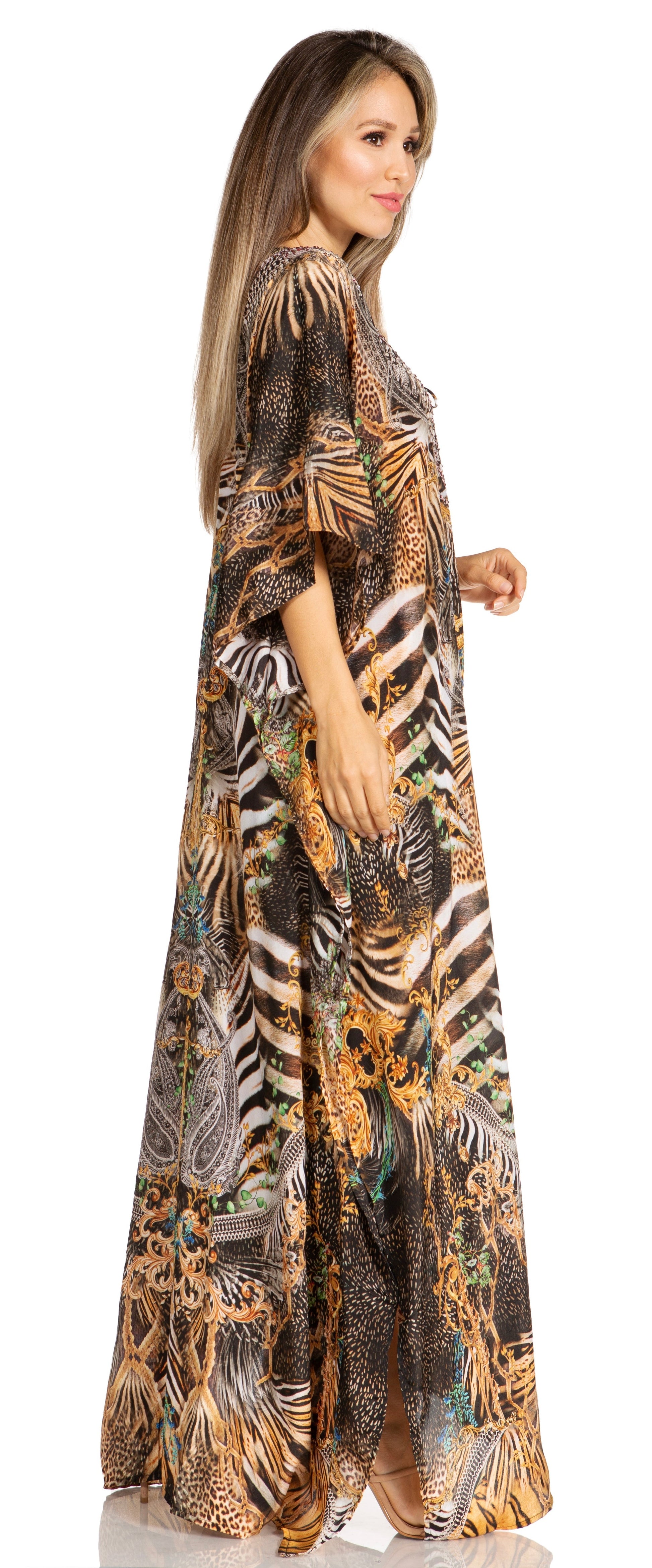 Sakkas Yeni Women's Short Sleeve V-neck Summer Floral Long Caftan Dress Cover-up - Concordia Style Boutique