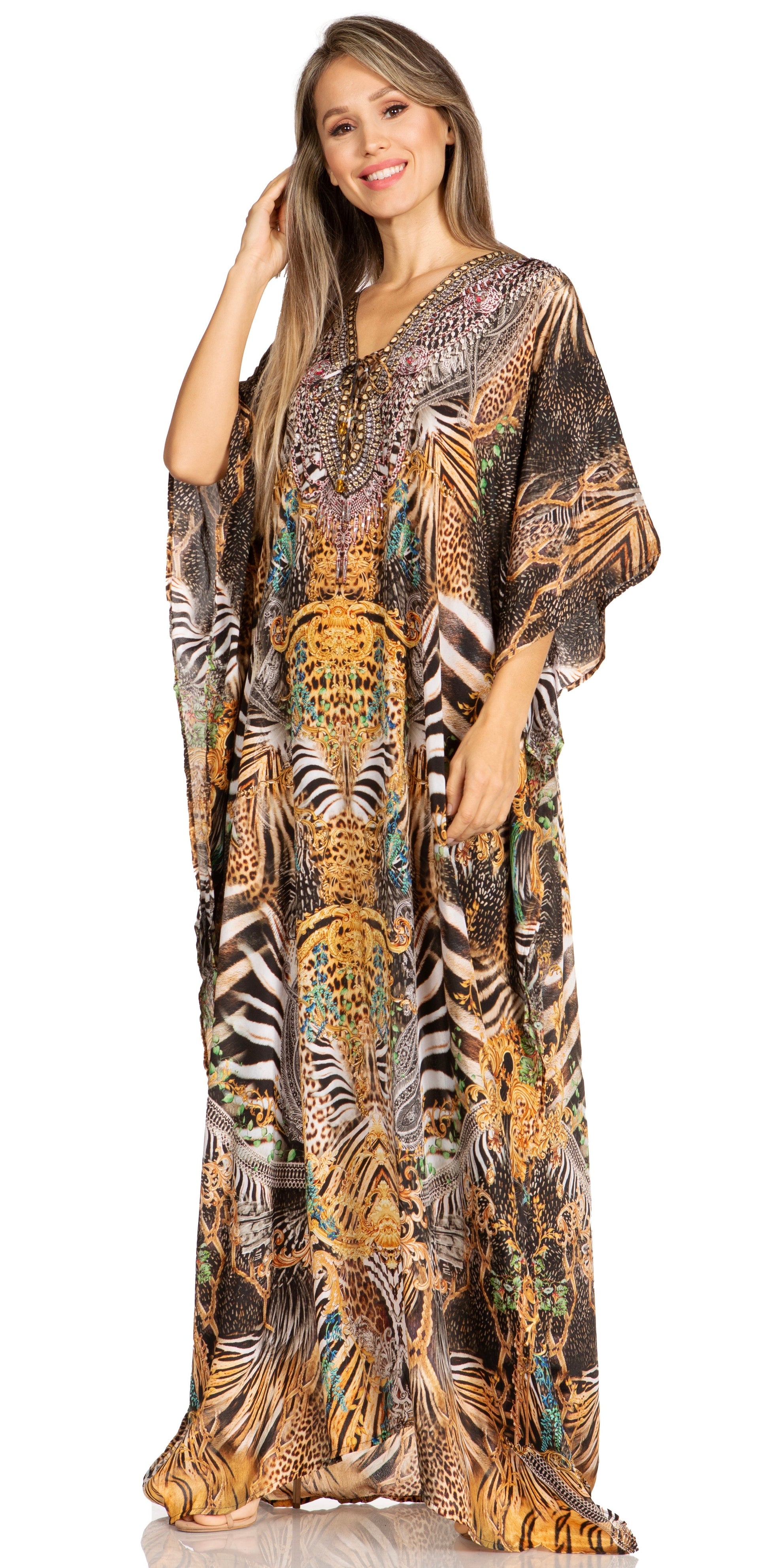 Sakkas Yeni Women's Short Sleeve V-neck Summer Floral Long Caftan Dress Cover-up - Concordia Style Boutique