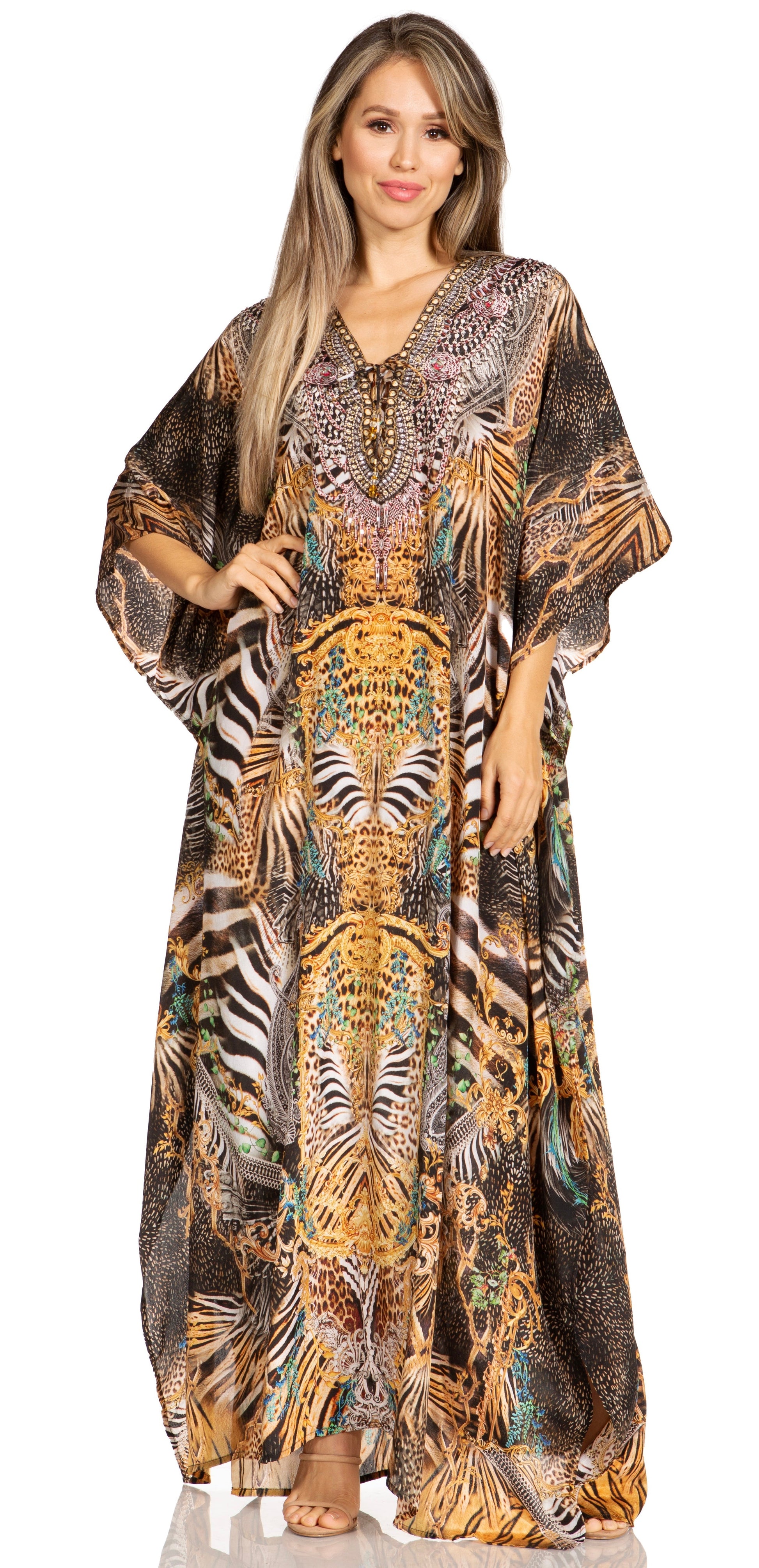 Sakkas Yeni Women's Short Sleeve V-neck Summer Floral Long Caftan Dress Cover-up - Concordia Style Boutique