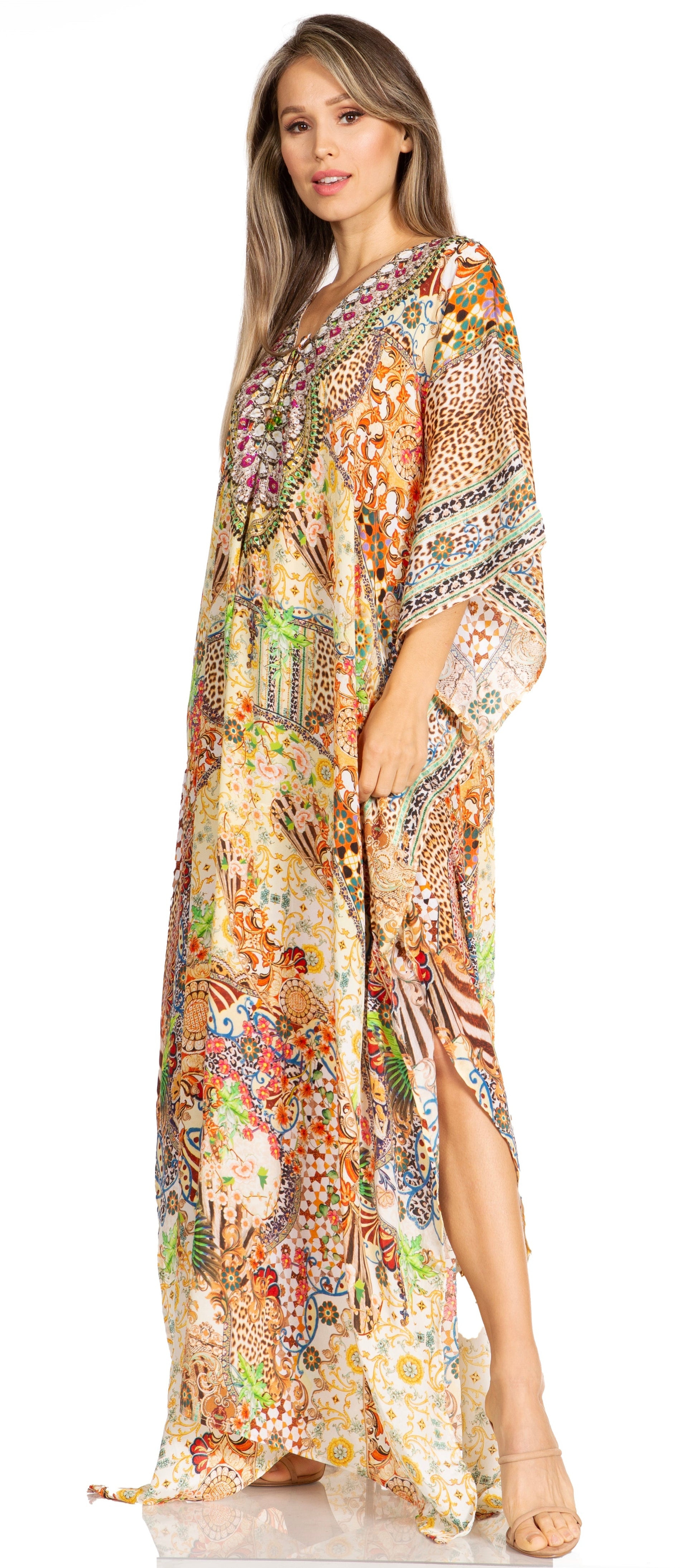 Sakkas Yeni Women's Short Sleeve V-neck Summer Floral Long Caftan Dress Cover-up - Concordia Style Boutique