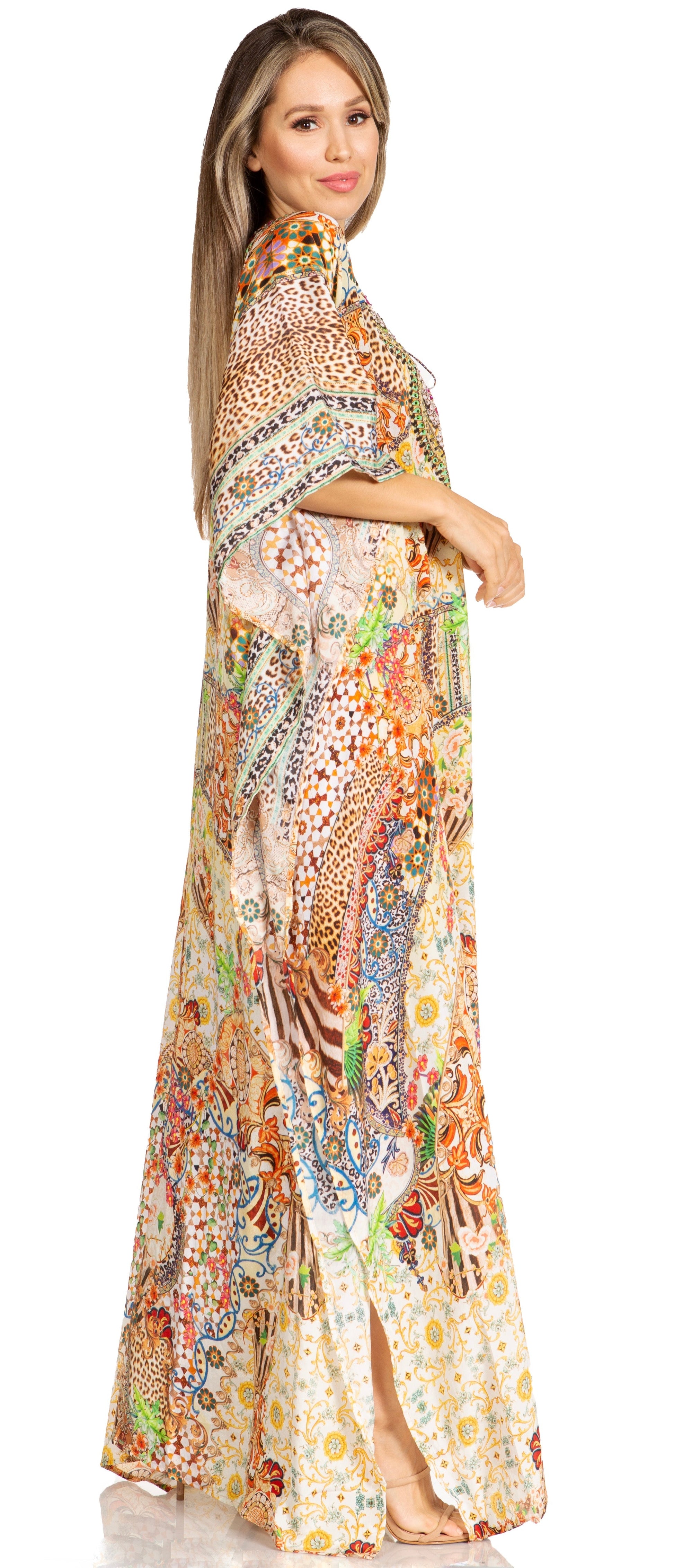 Sakkas Yeni Women's Short Sleeve V-neck Summer Floral Long Caftan Dress Cover-up - Concordia Style Boutique