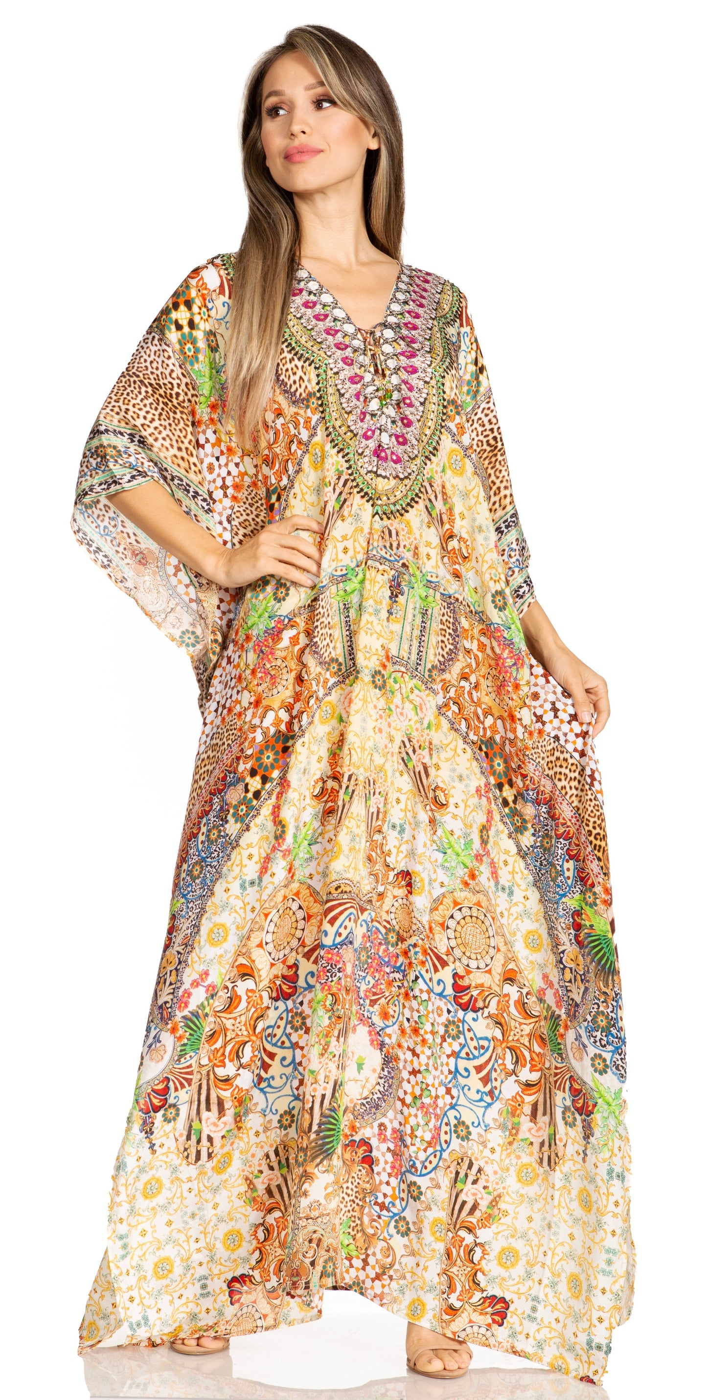 Sakkas Yeni Women's Short Sleeve V-neck Summer Floral Long Caftan Dress Cover-up - Concordia Style Boutique