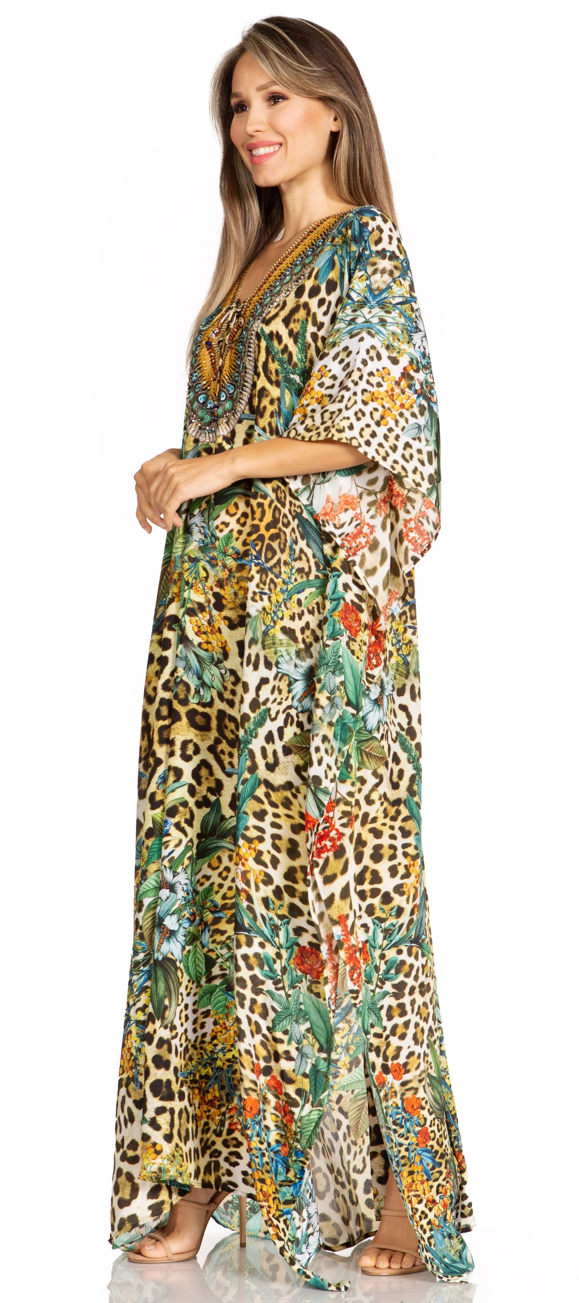 Sakkas Yeni Women's Short Sleeve V-neck Summer Floral Long Caftan Dress Cover-up - Concordia Style Boutique