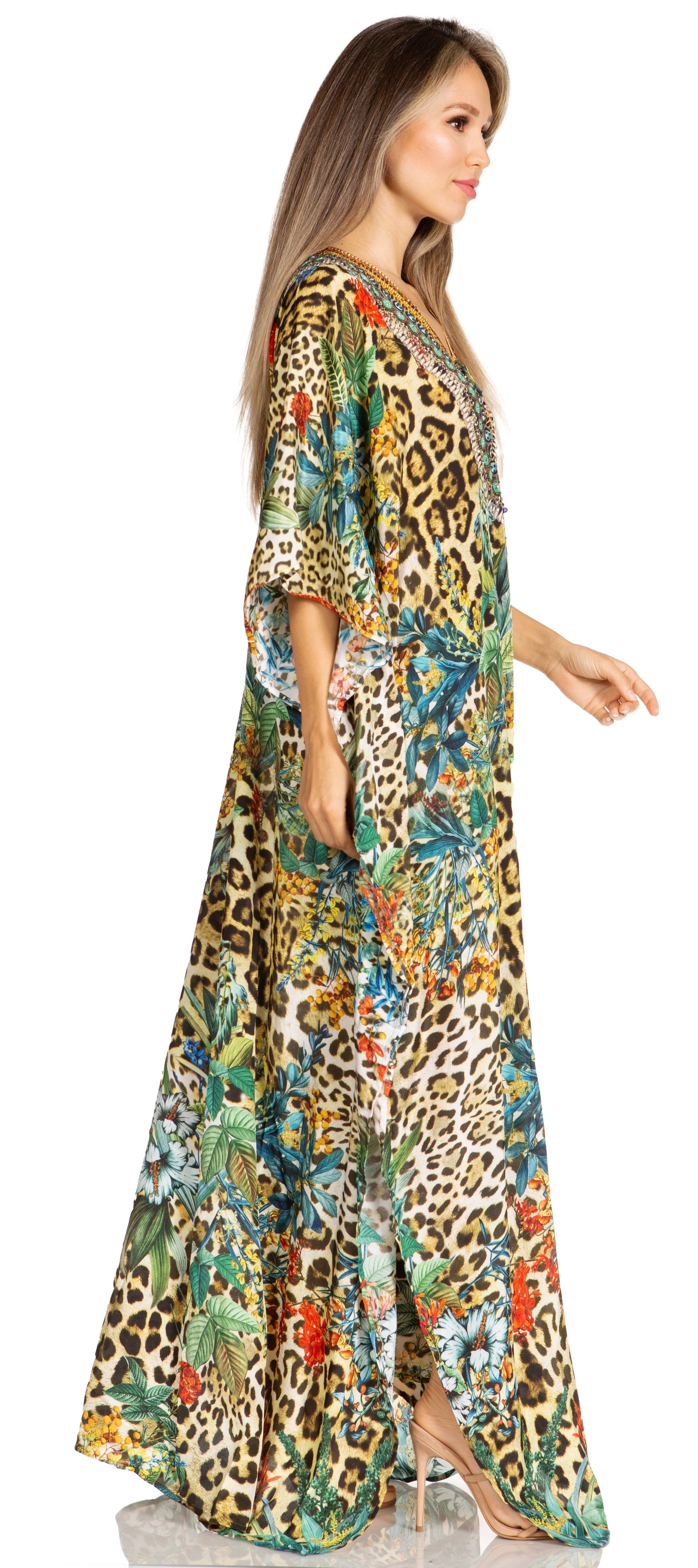 Sakkas Yeni Women's Short Sleeve V-neck Summer Floral Long Caftan Dress Cover-up - Concordia Style Boutique