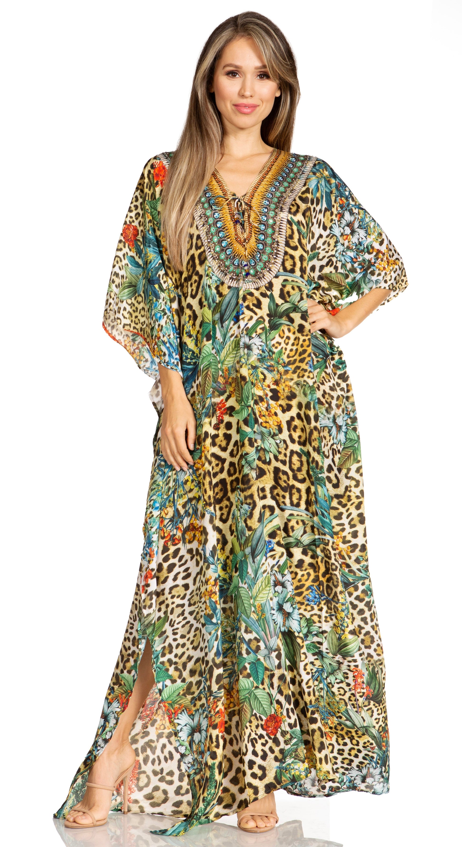 Sakkas Yeni Women's Short Sleeve V-neck Summer Floral Long Caftan Dress Cover-up - Concordia Style Boutique