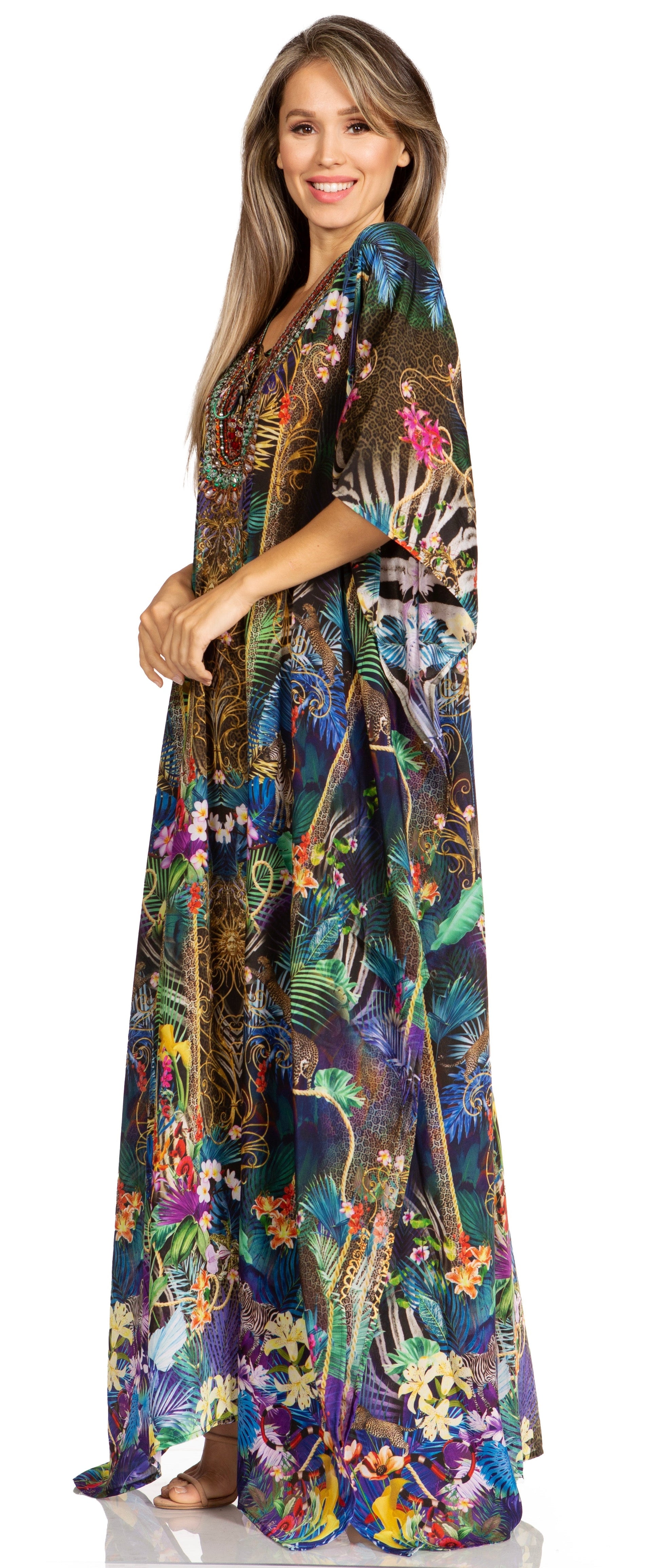 Sakkas Yeni Women's Short Sleeve V-neck Summer Floral Long Caftan Dress Cover-up - Concordia Style Boutique