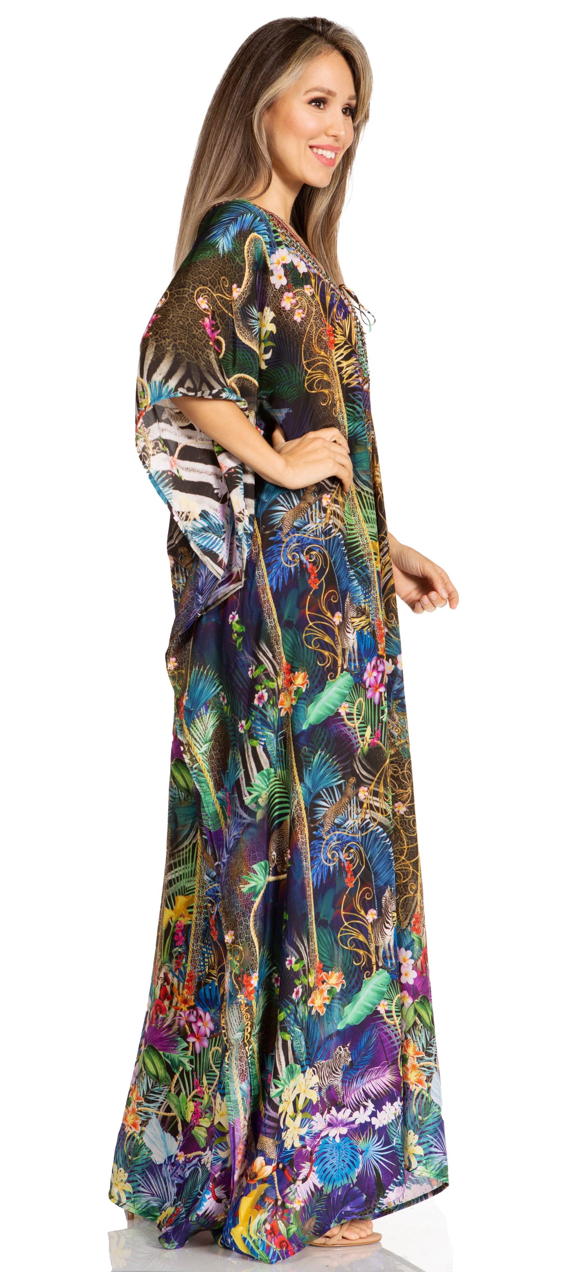 Sakkas Yeni Women's Short Sleeve V-neck Summer Floral Long Caftan Dress Cover-up - Concordia Style Boutique