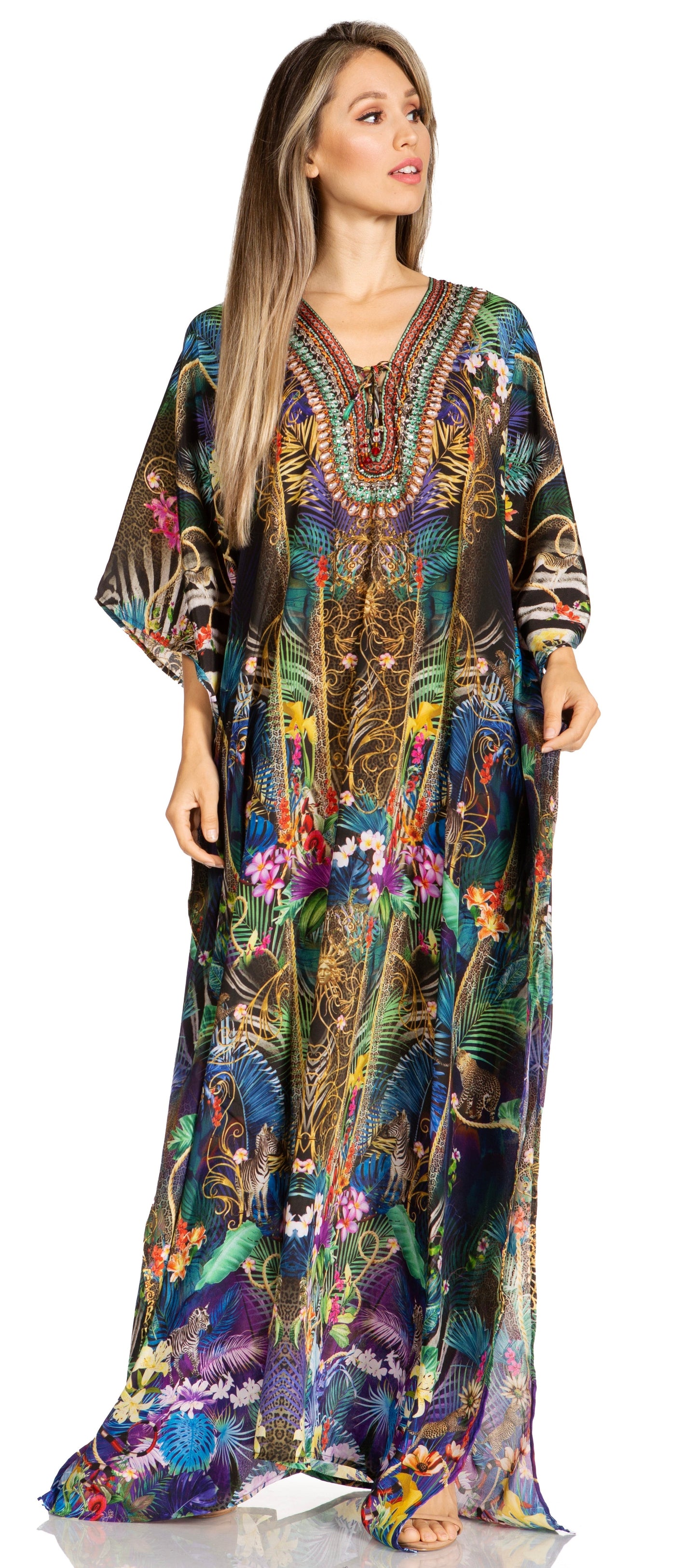 Sakkas Yeni Women's Short Sleeve V-neck Summer Floral Long Caftan Dress Cover-up - Concordia Style Boutique