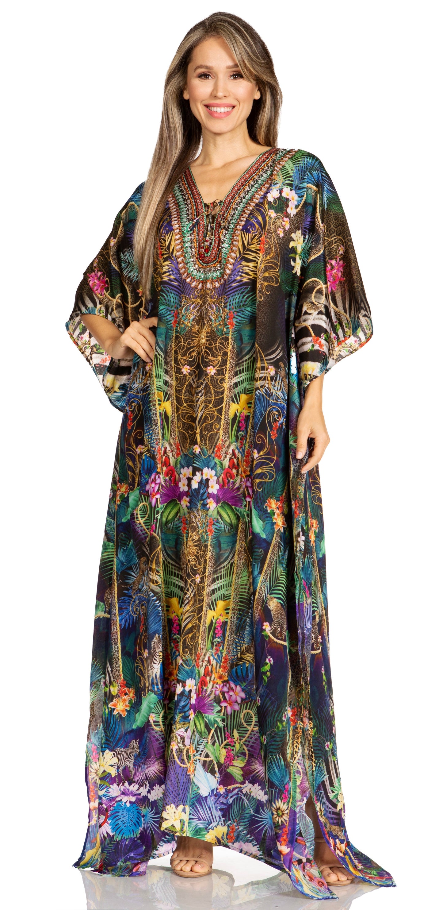 Sakkas Yeni Women's Short Sleeve V-neck Summer Floral Long Caftan Dress Cover-up - Concordia Style Boutique
