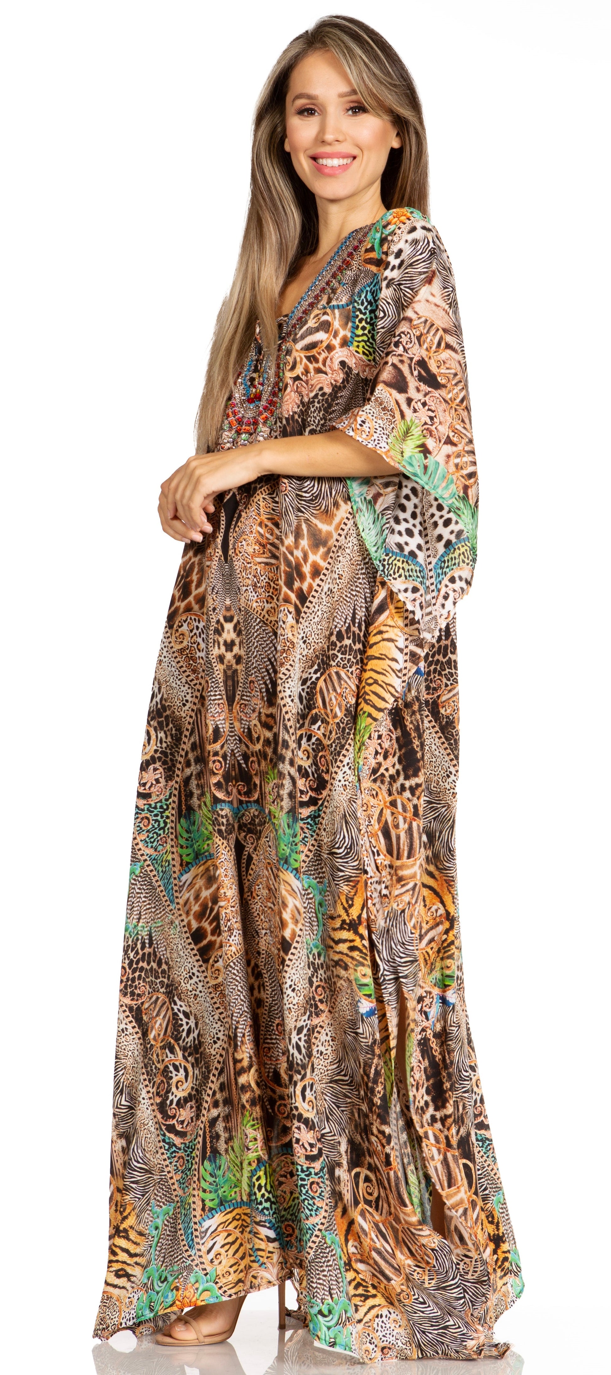 Sakkas Yeni Women's Short Sleeve V-neck Summer Floral Long Caftan Dress Cover-up - Concordia Style Boutique