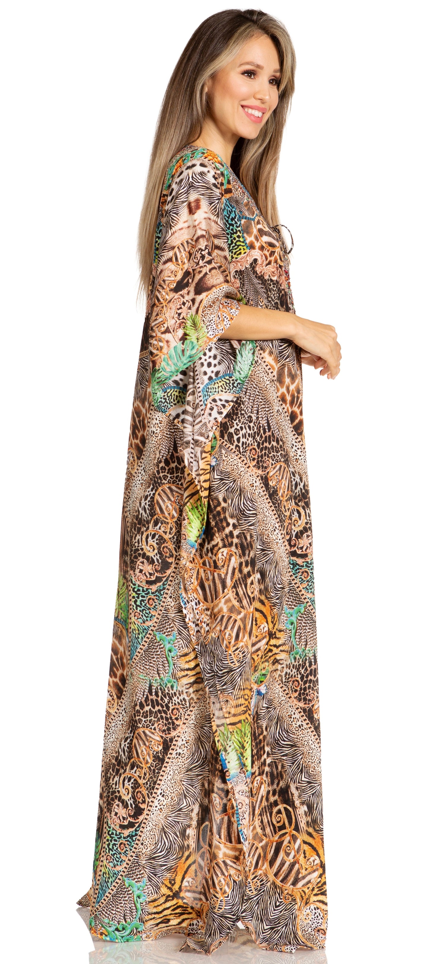 Sakkas Yeni Women's Short Sleeve V-neck Summer Floral Long Caftan Dress Cover-up - Concordia Style Boutique