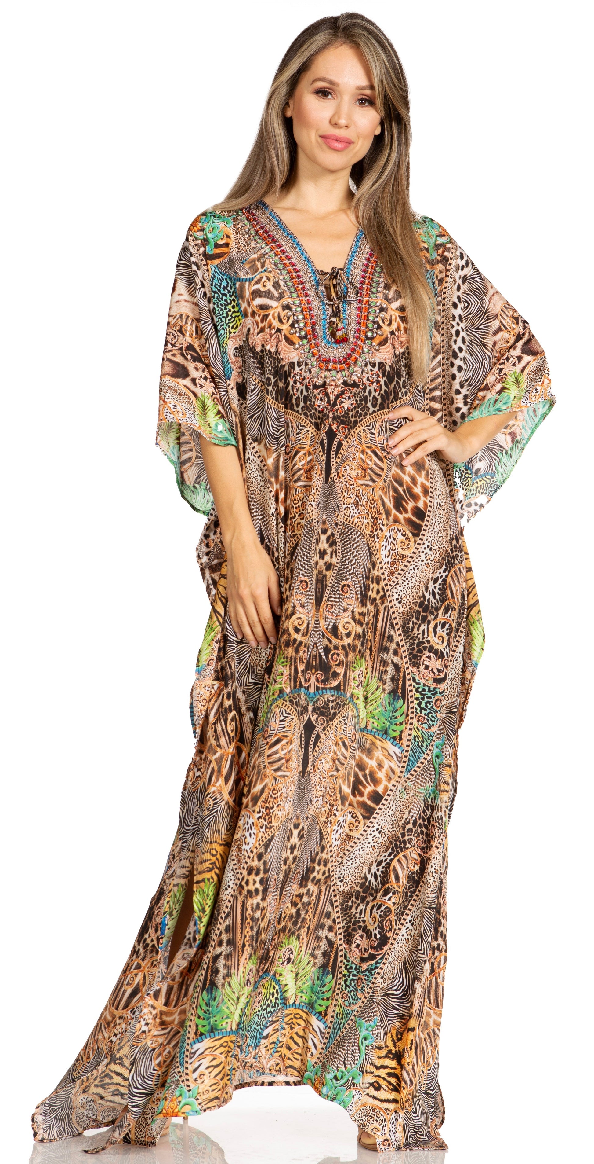 Sakkas Yeni Women's Short Sleeve V-neck Summer Floral Long Caftan Dress Cover-up - Concordia Style Boutique