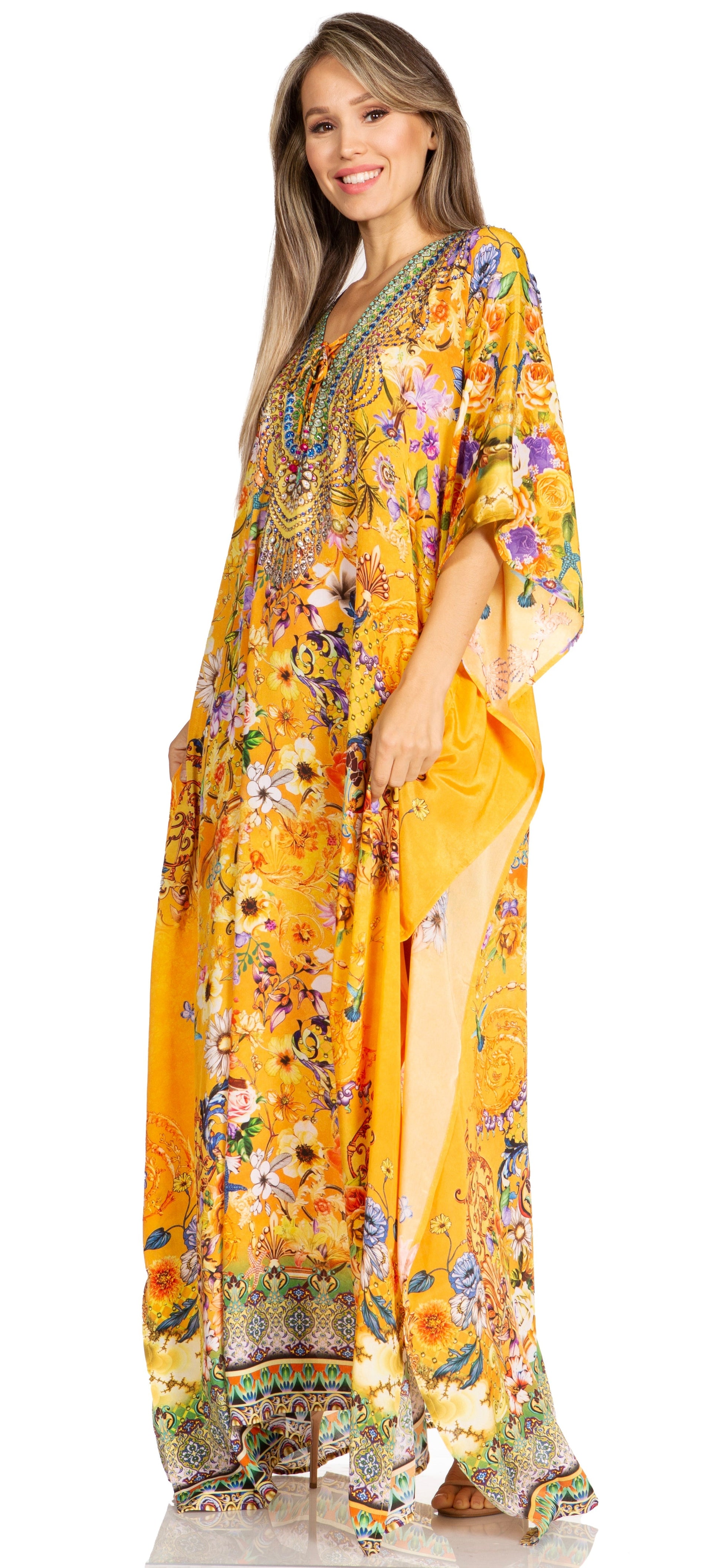 Sakkas Yeni Women's Short Sleeve V-neck Summer Floral Long Caftan Dress Cover-up - Concordia Style Boutique