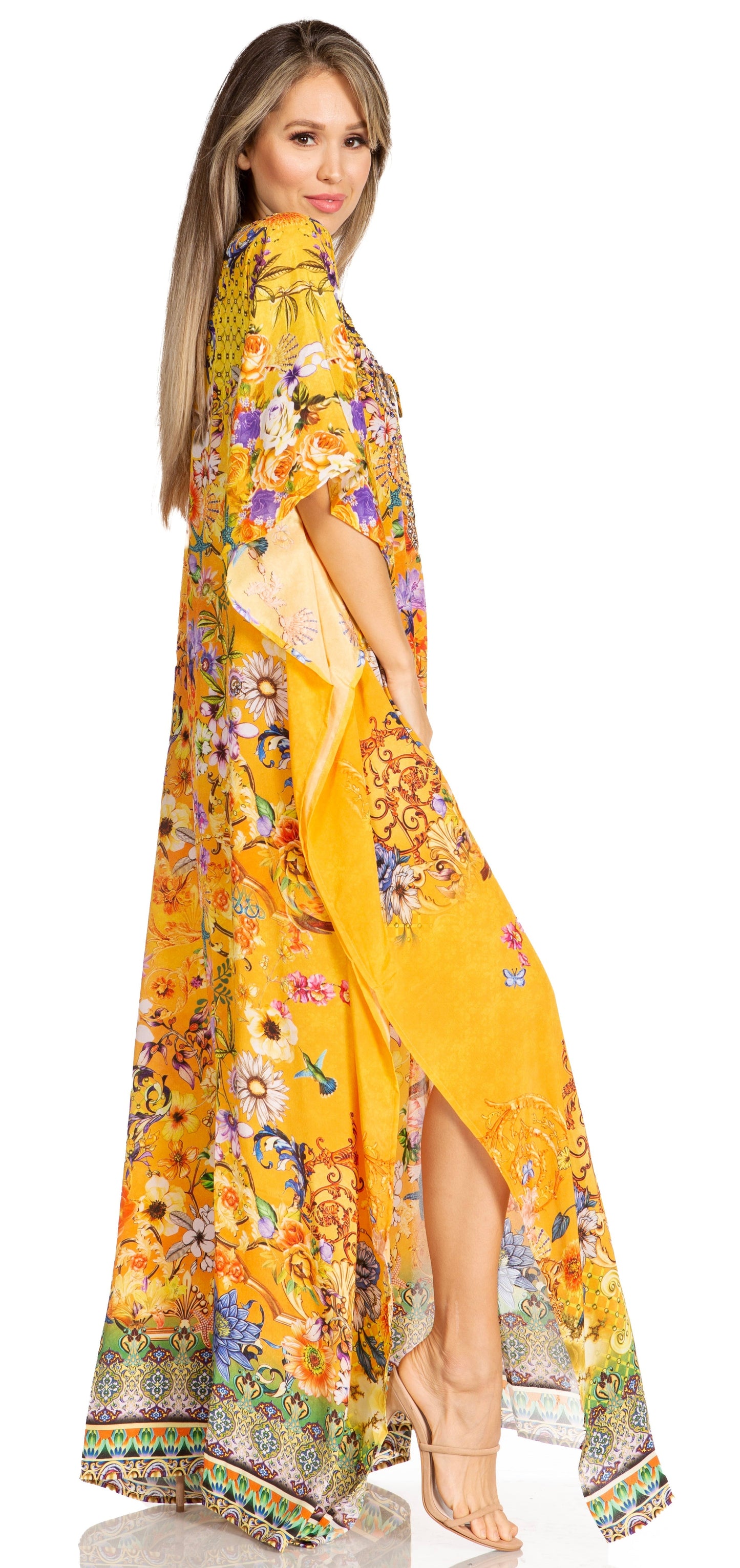 Sakkas Yeni Women's Short Sleeve V-neck Summer Floral Long Caftan Dress Cover-up - Concordia Style Boutique