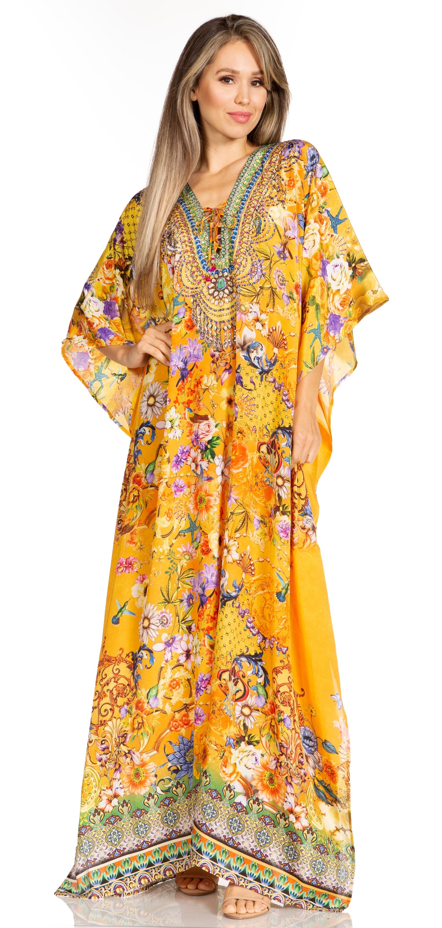 Sakkas Yeni Women's Short Sleeve V-neck Summer Floral Long Caftan Dress Cover-up - Concordia Style Boutique