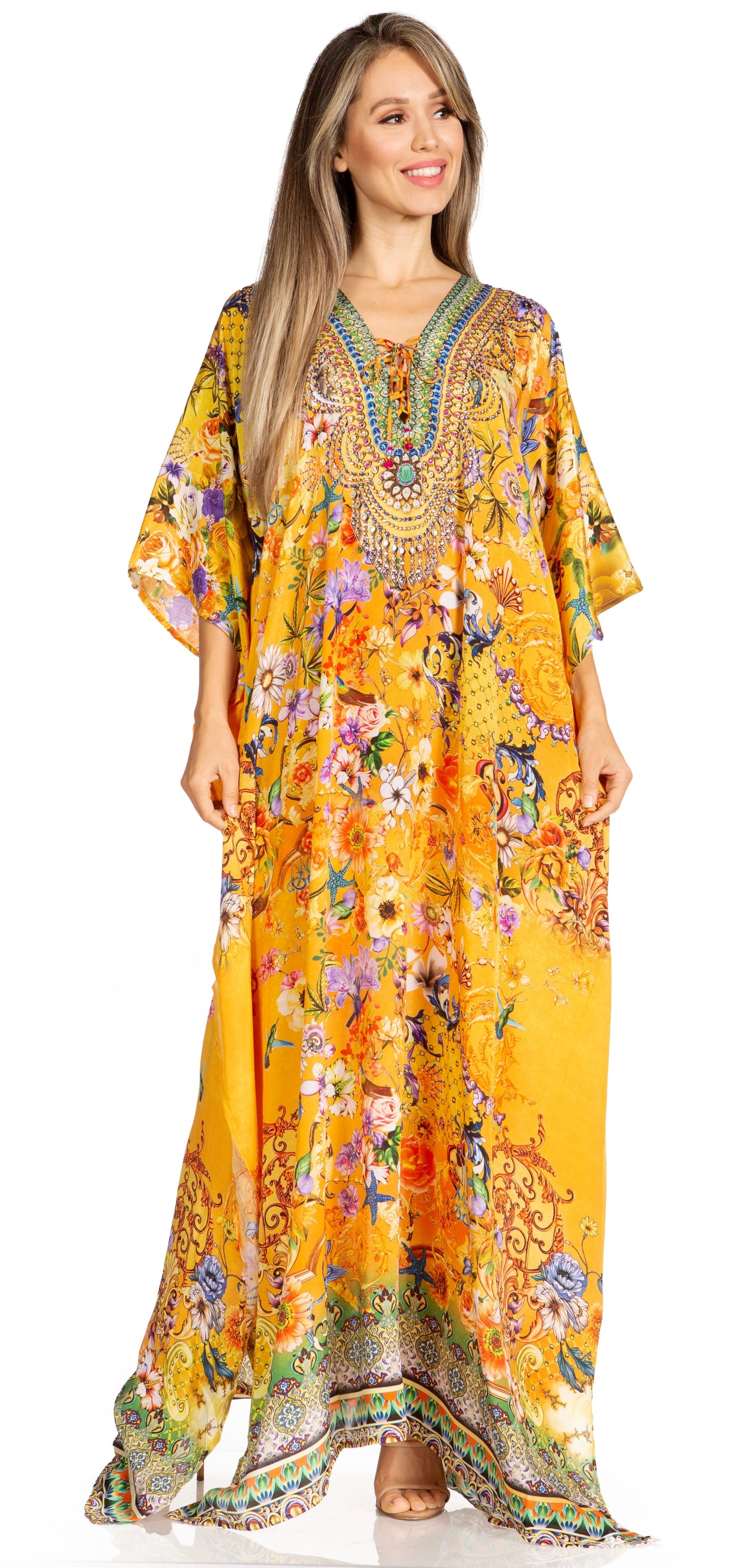 Sakkas Yeni Women's Short Sleeve V-neck Summer Floral Long Caftan Dress Cover-up - Concordia Style Boutique