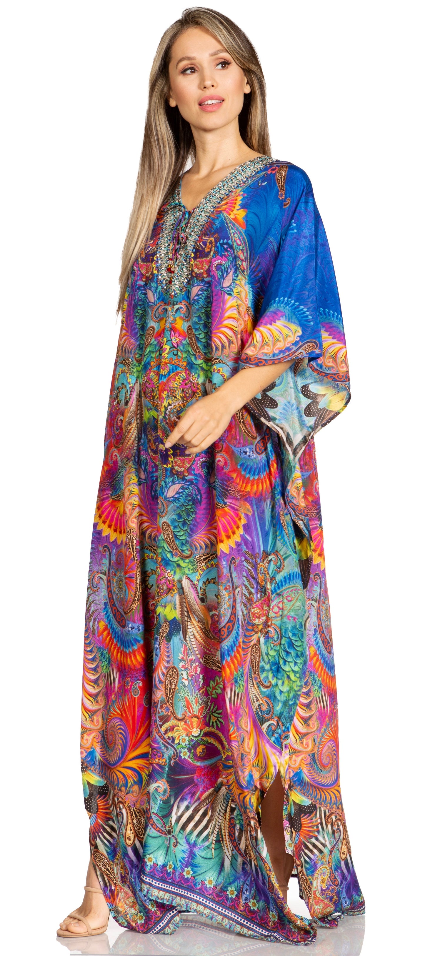 Sakkas Yeni Women's Short Sleeve V-neck Summer Floral Long Caftan Dress Cover-up - Concordia Style Boutique