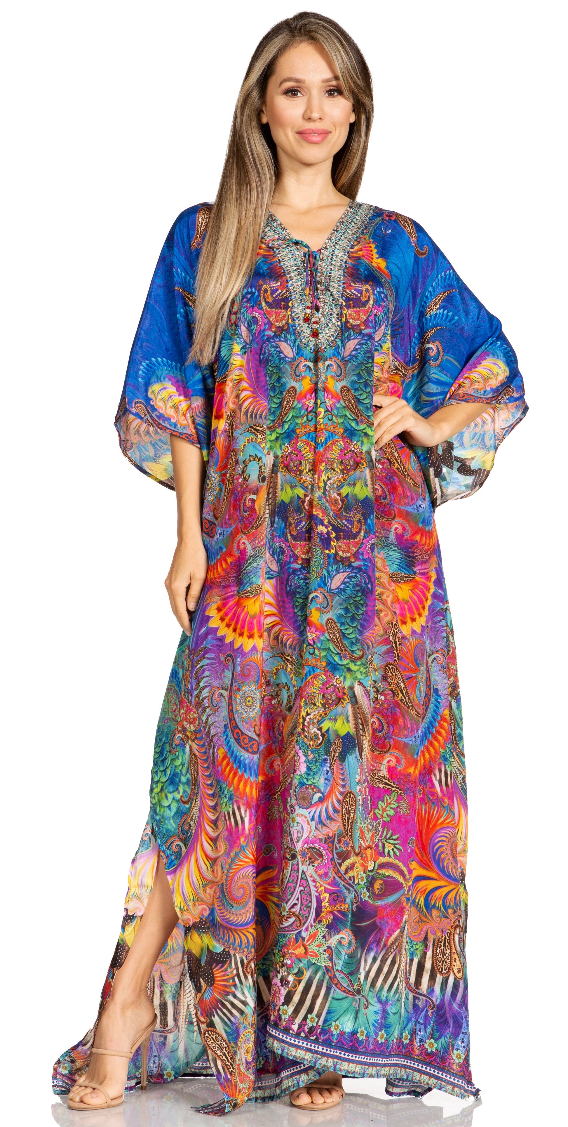 Sakkas Yeni Women's Short Sleeve V-neck Summer Floral Long Caftan Dress Cover-up - Concordia Style Boutique