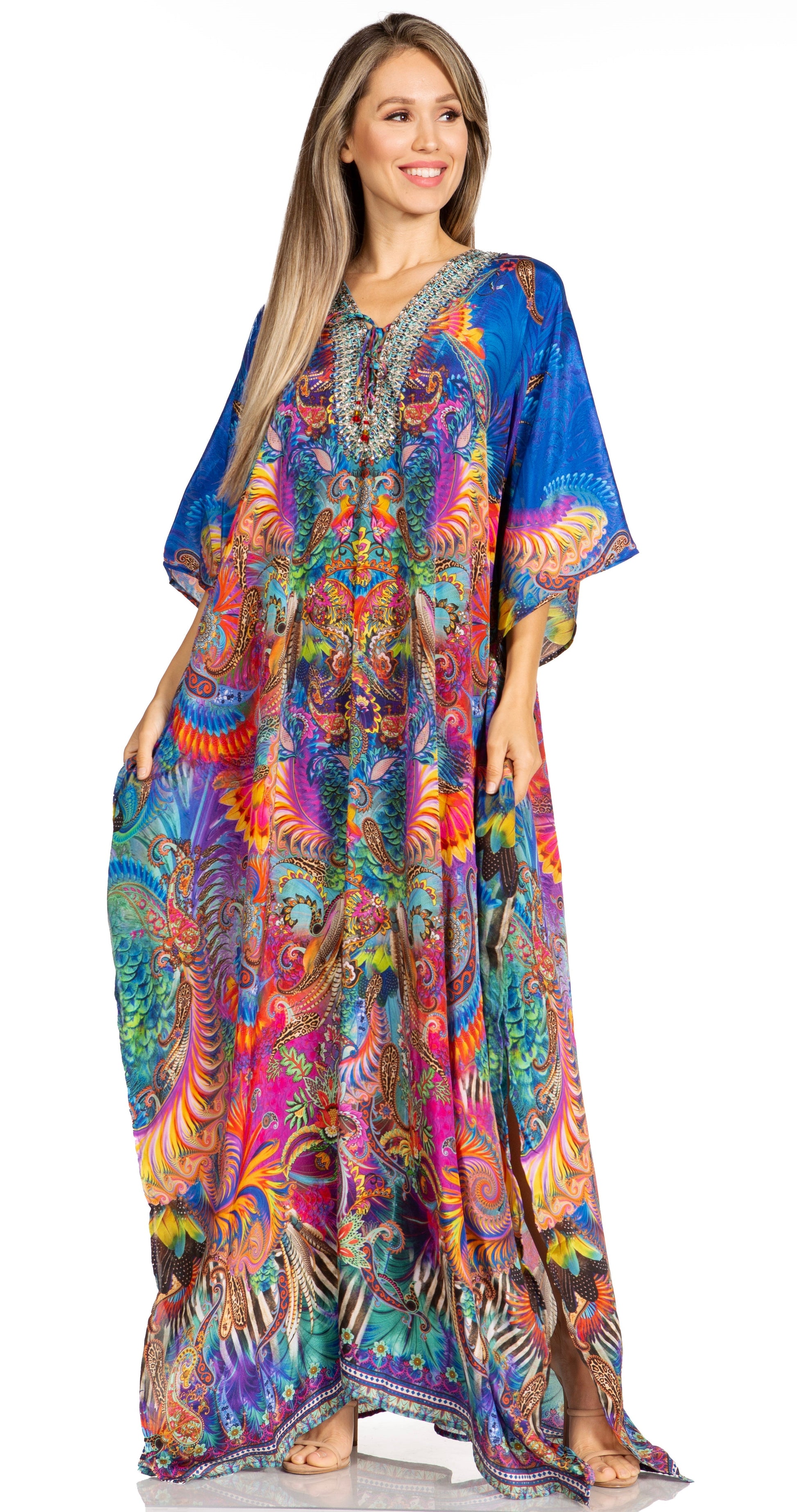 Sakkas Yeni Women's Short Sleeve V-neck Summer Floral Long Caftan Dress Cover-up - Concordia Style Boutique