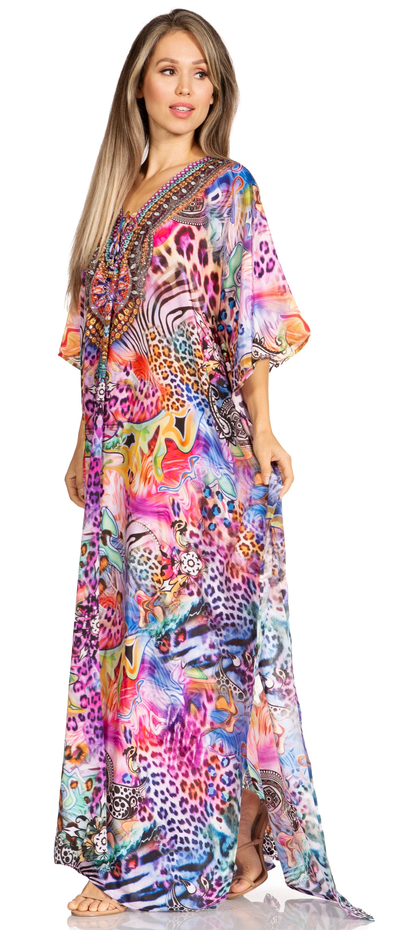 Sakkas Yeni Women's Short Sleeve V-neck Summer Floral Long Caftan Dress Cover-up - Concordia Style Boutique