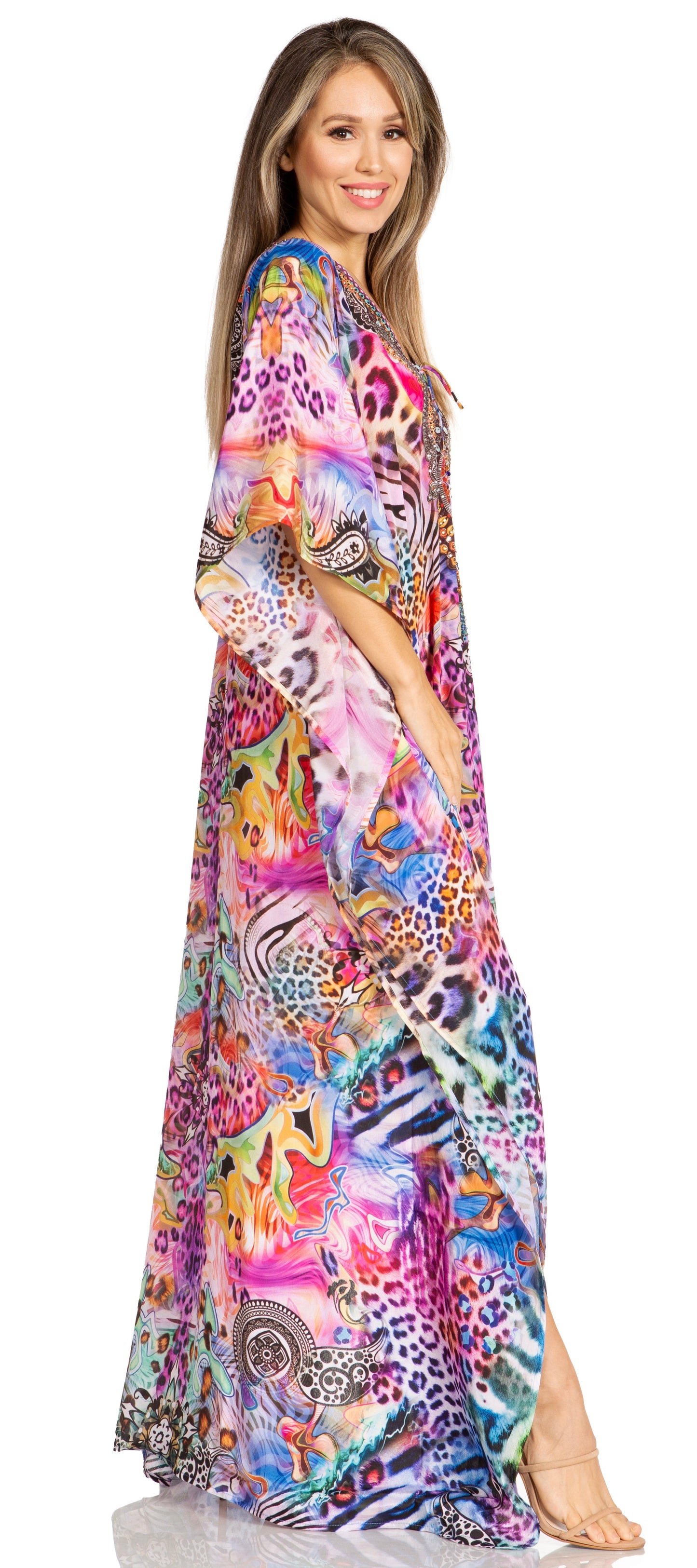 Sakkas Yeni Women's Short Sleeve V-neck Summer Floral Long Caftan Dress Cover-up - Concordia Style Boutique