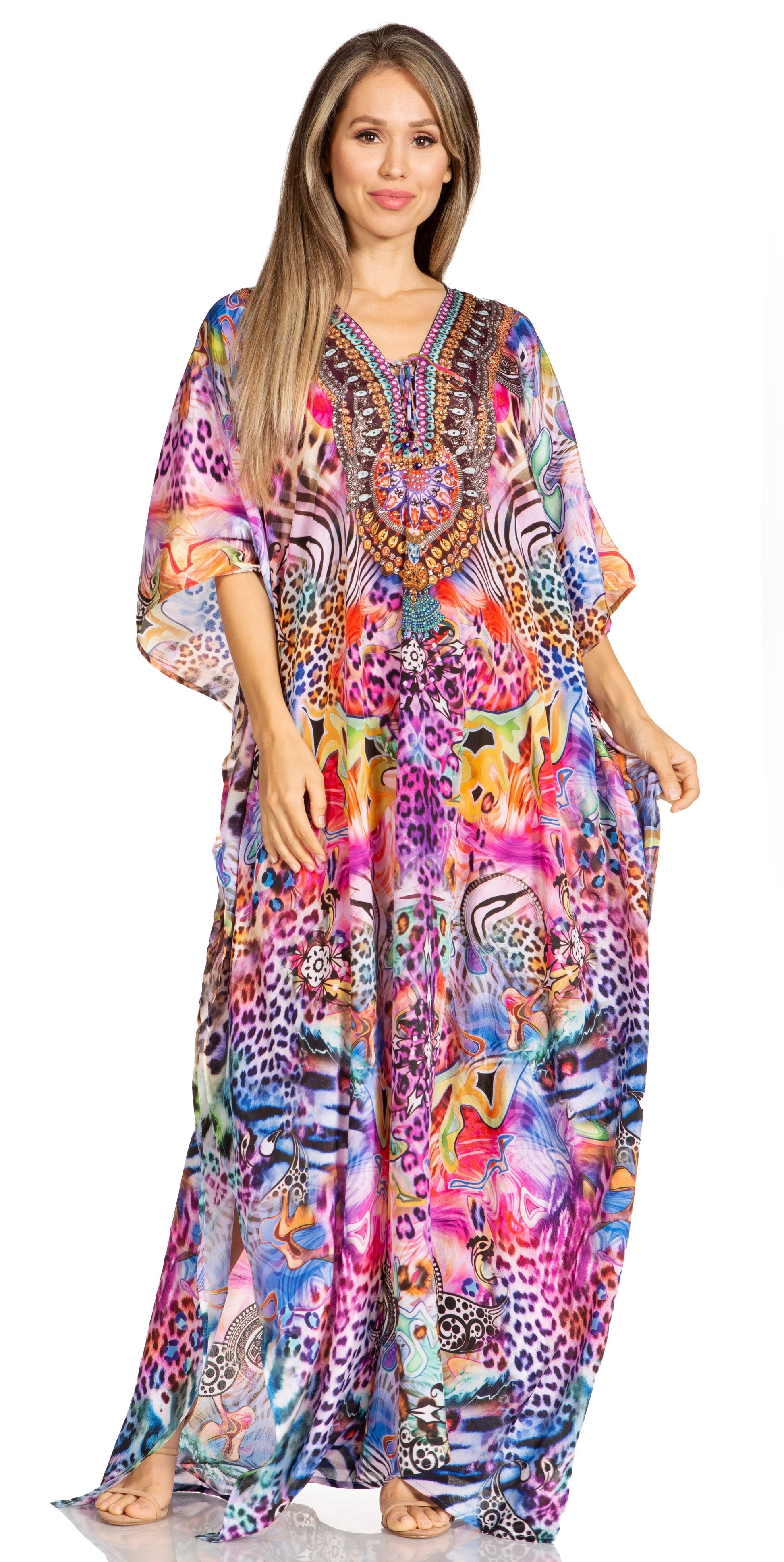 Sakkas Yeni Women's Short Sleeve V-neck Summer Floral Long Caftan Dress Cover-up - Concordia Style Boutique
