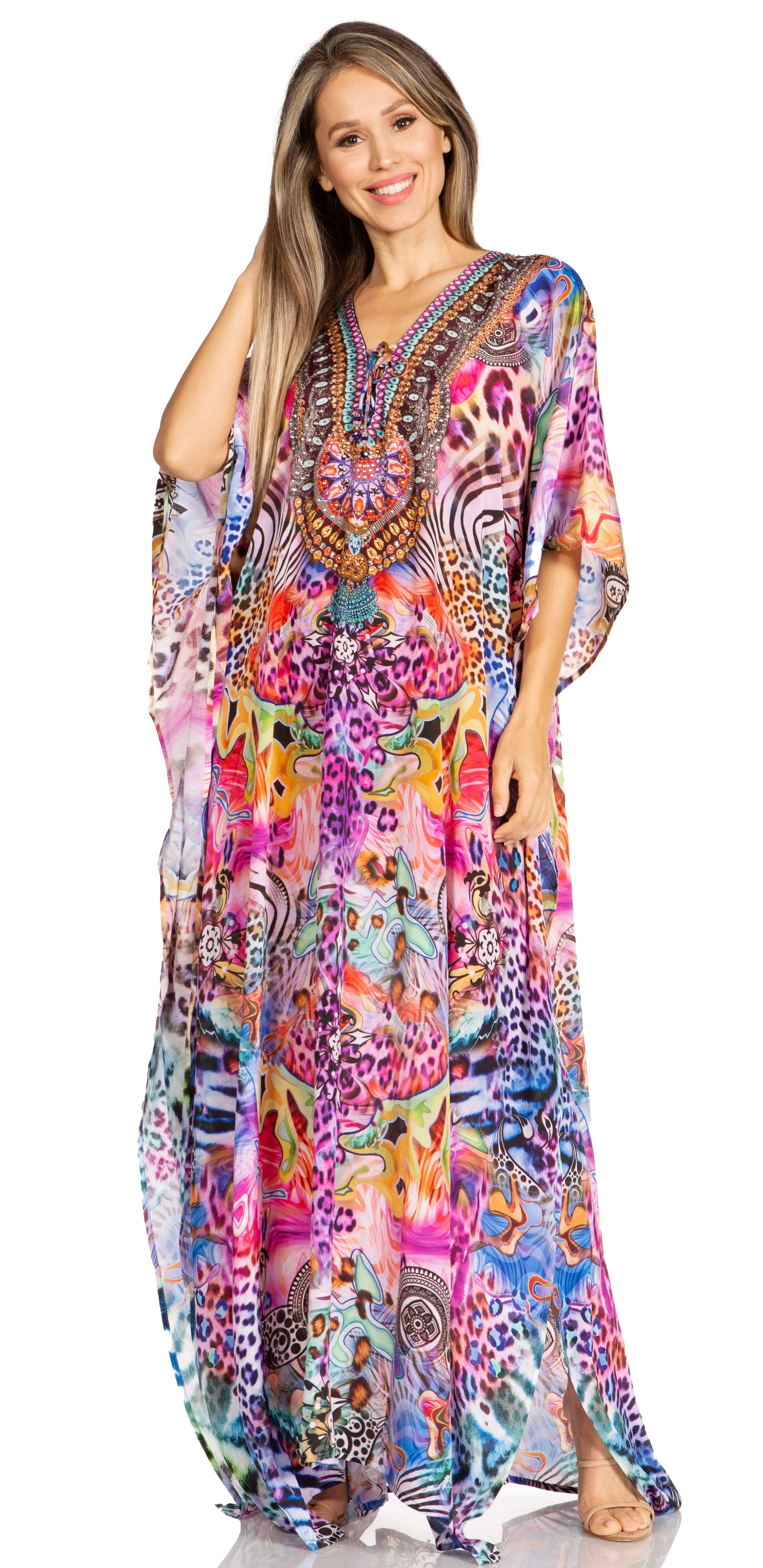 Sakkas Yeni Women's Short Sleeve V-neck Summer Floral Long Caftan Dress Cover-up - Concordia Style Boutique