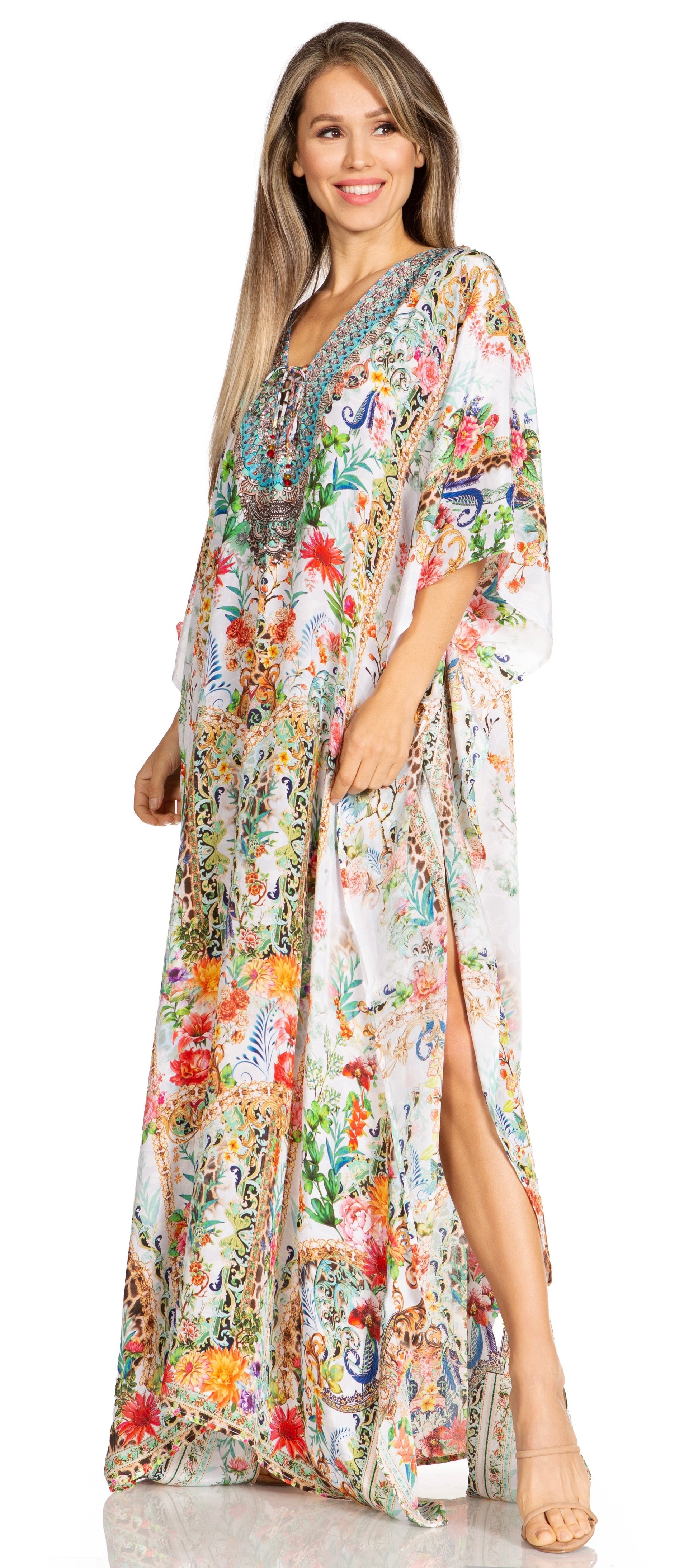 Sakkas Yeni Women's Short Sleeve V-neck Summer Floral Long Caftan Dress Cover-up - Concordia Style Boutique