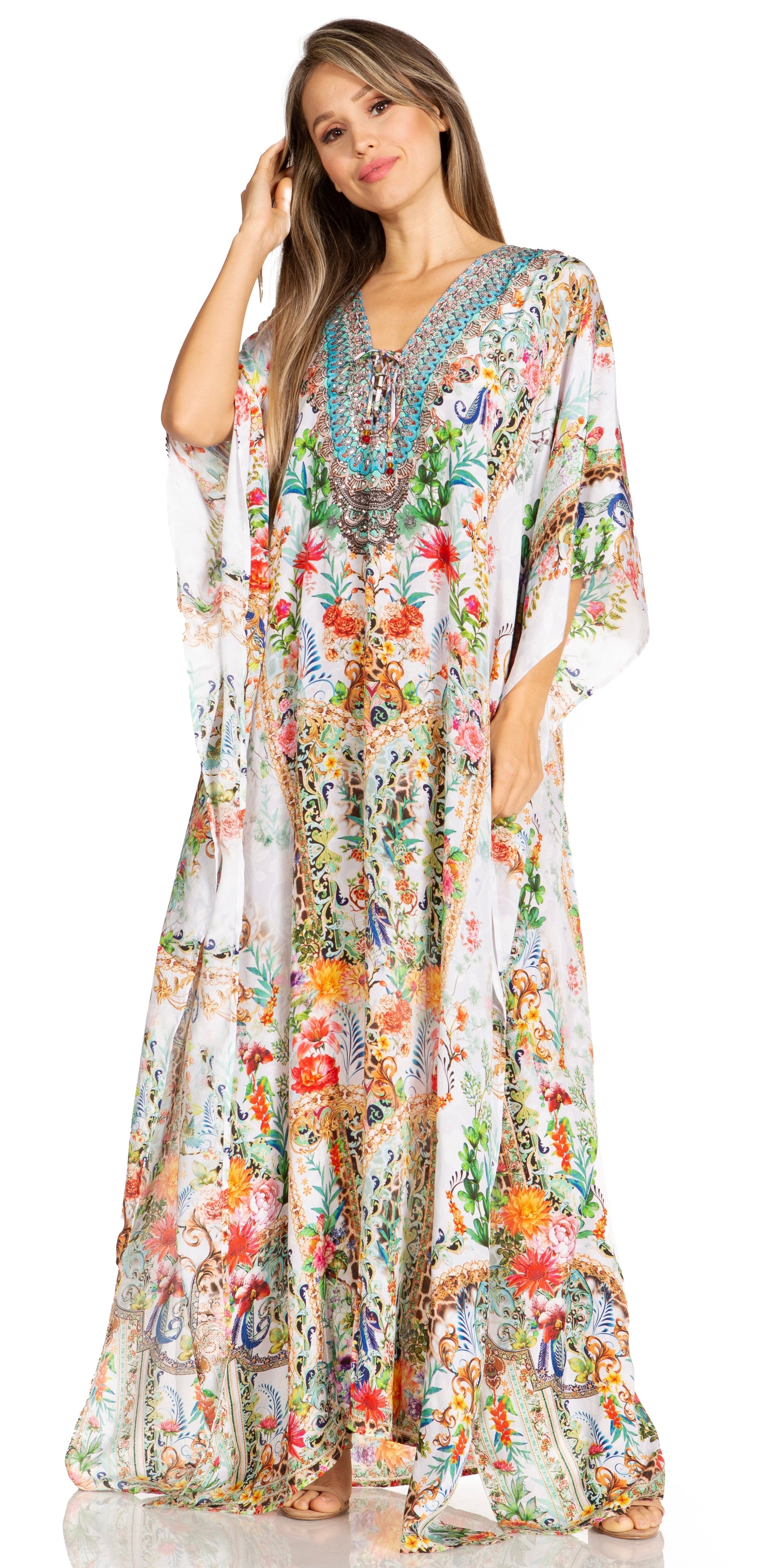 Sakkas Yeni Women's Short Sleeve V-neck Summer Floral Long Caftan Dress Cover-up - Concordia Style Boutique