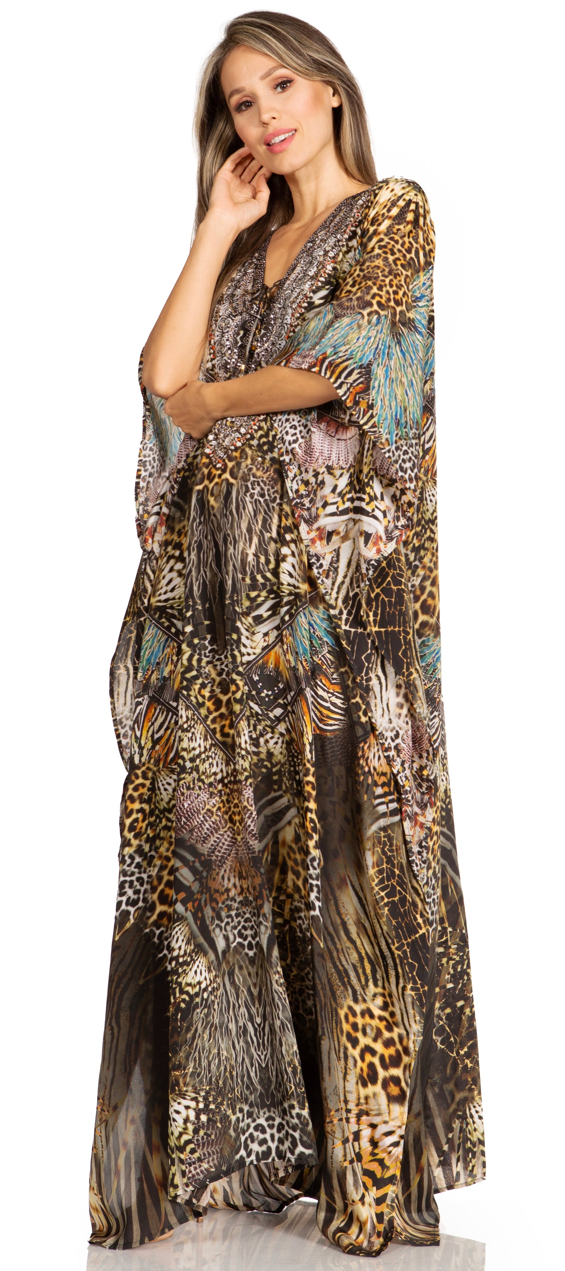 Sakkas Yeni Women's Short Sleeve V-neck Summer Floral Long Caftan Dress Cover-up - Concordia Style Boutique