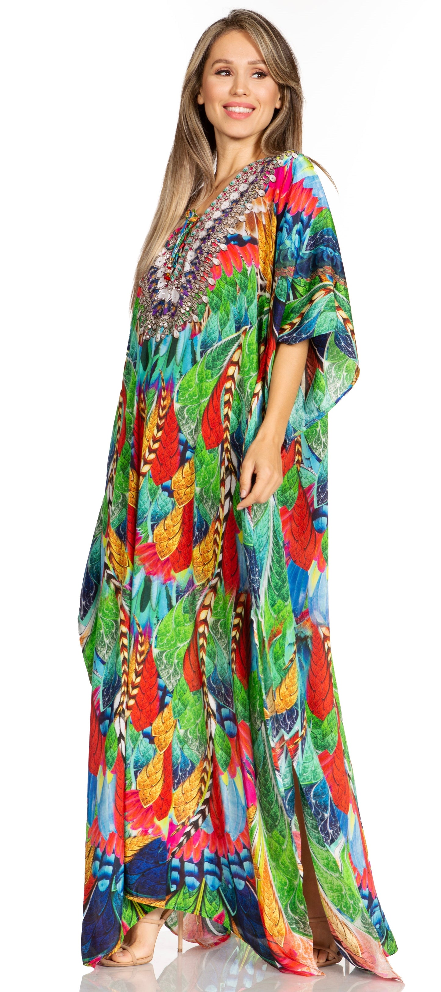 Sakkas Yeni Women's Short Sleeve V-neck Summer Floral Long Caftan Dress Cover-up - Concordia Style Boutique