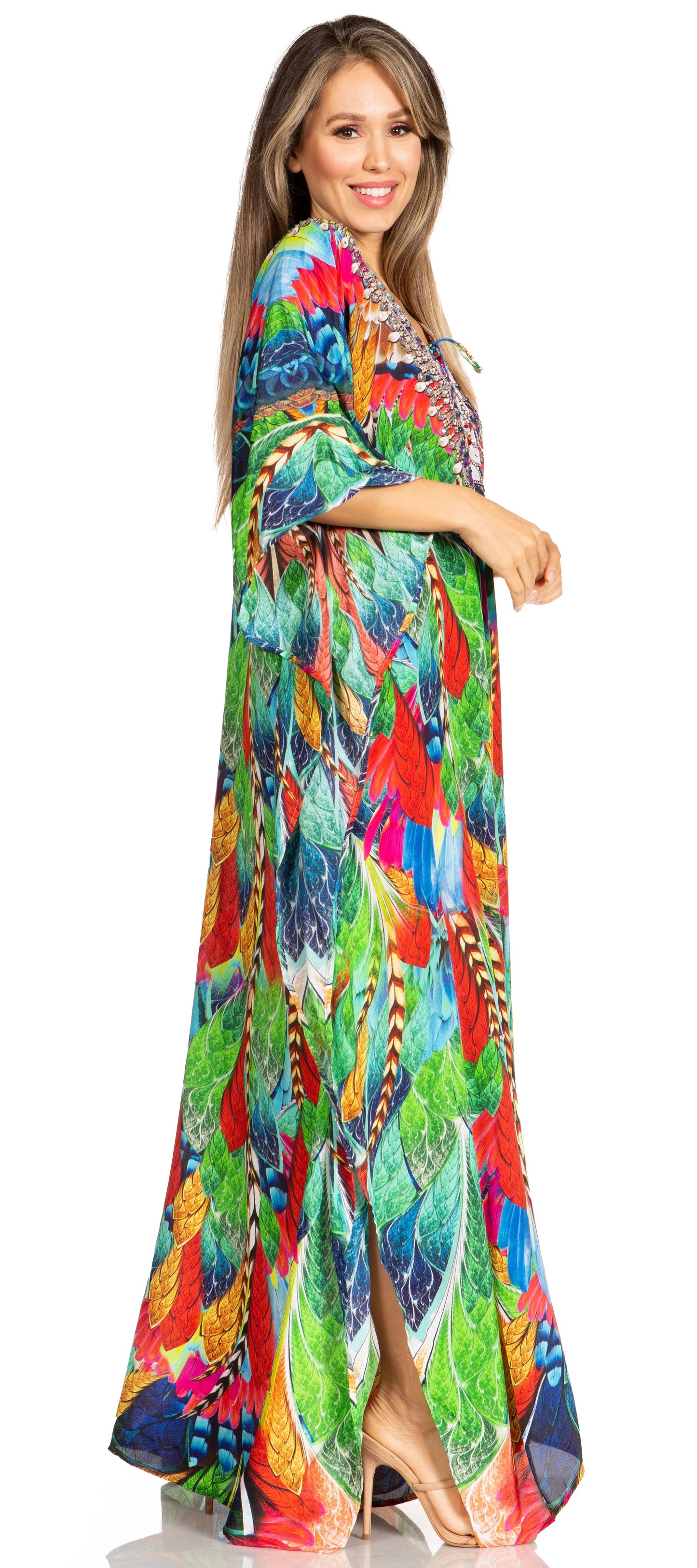 Sakkas Yeni Women's Short Sleeve V-neck Summer Floral Long Caftan Dress Cover-up - Concordia Style Boutique