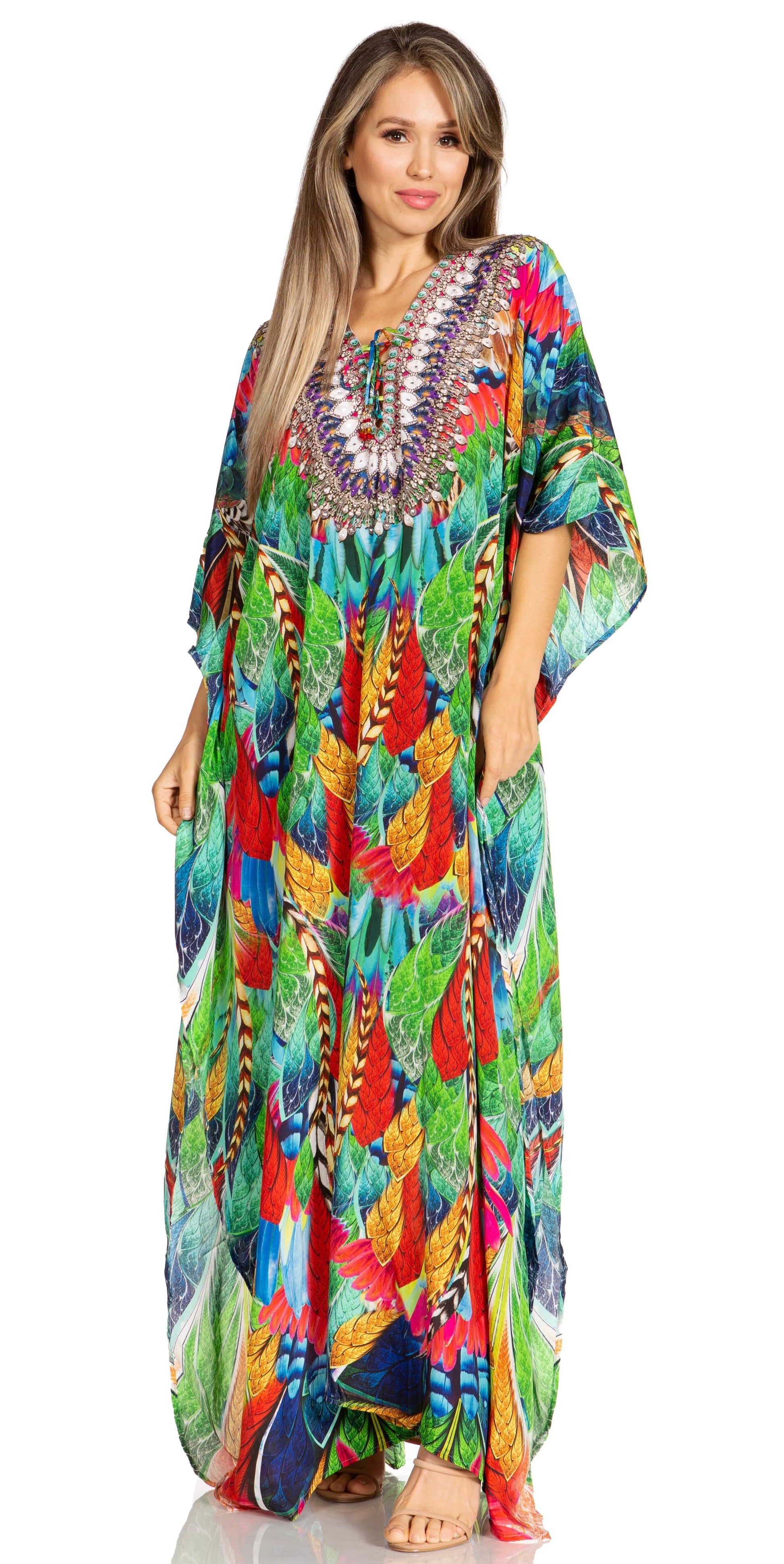 Sakkas Yeni Women's Short Sleeve V-neck Summer Floral Long Caftan Dress Cover-up - Concordia Style Boutique