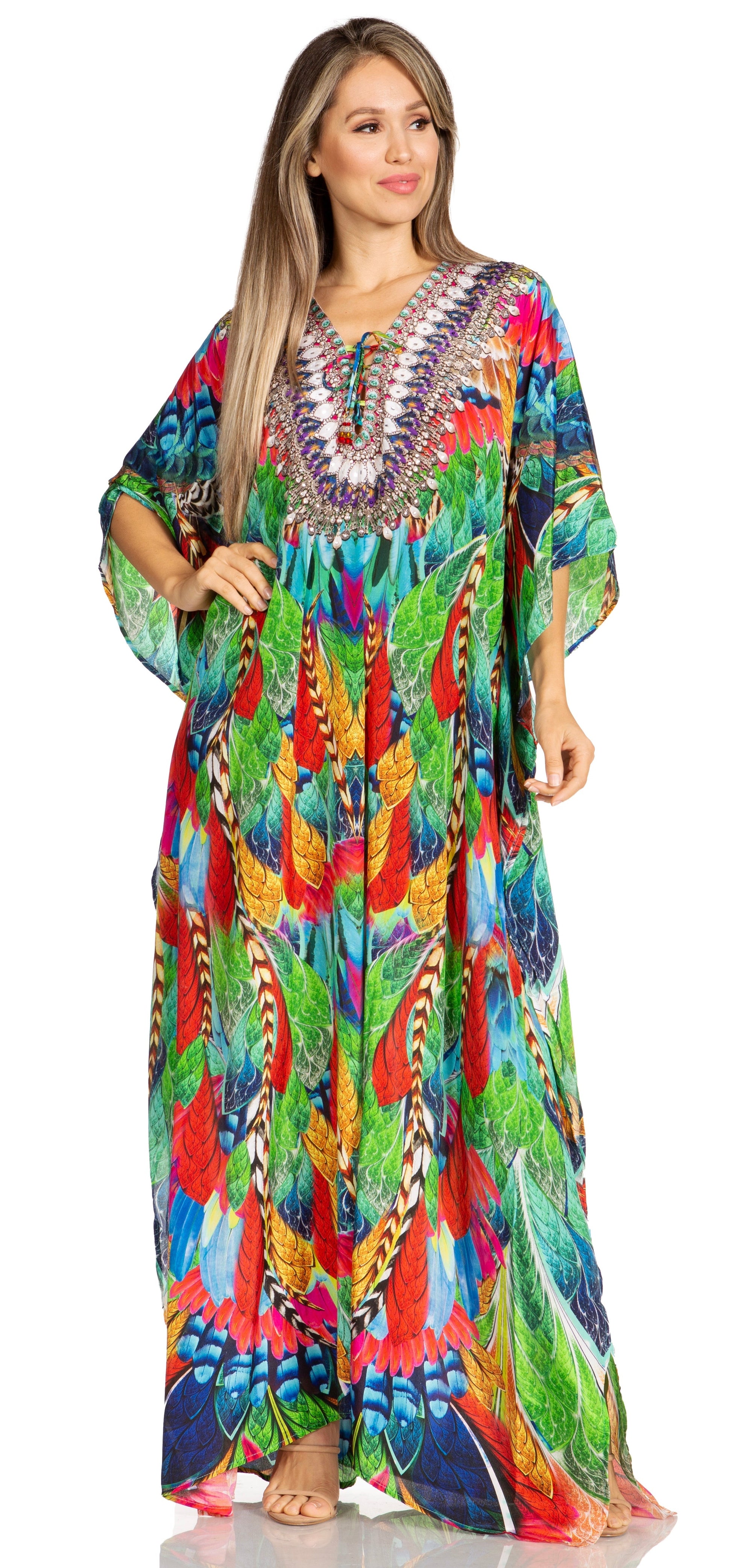 Sakkas Yeni Women's Short Sleeve V-neck Summer Floral Long Caftan Dress Cover-up - Concordia Style Boutique