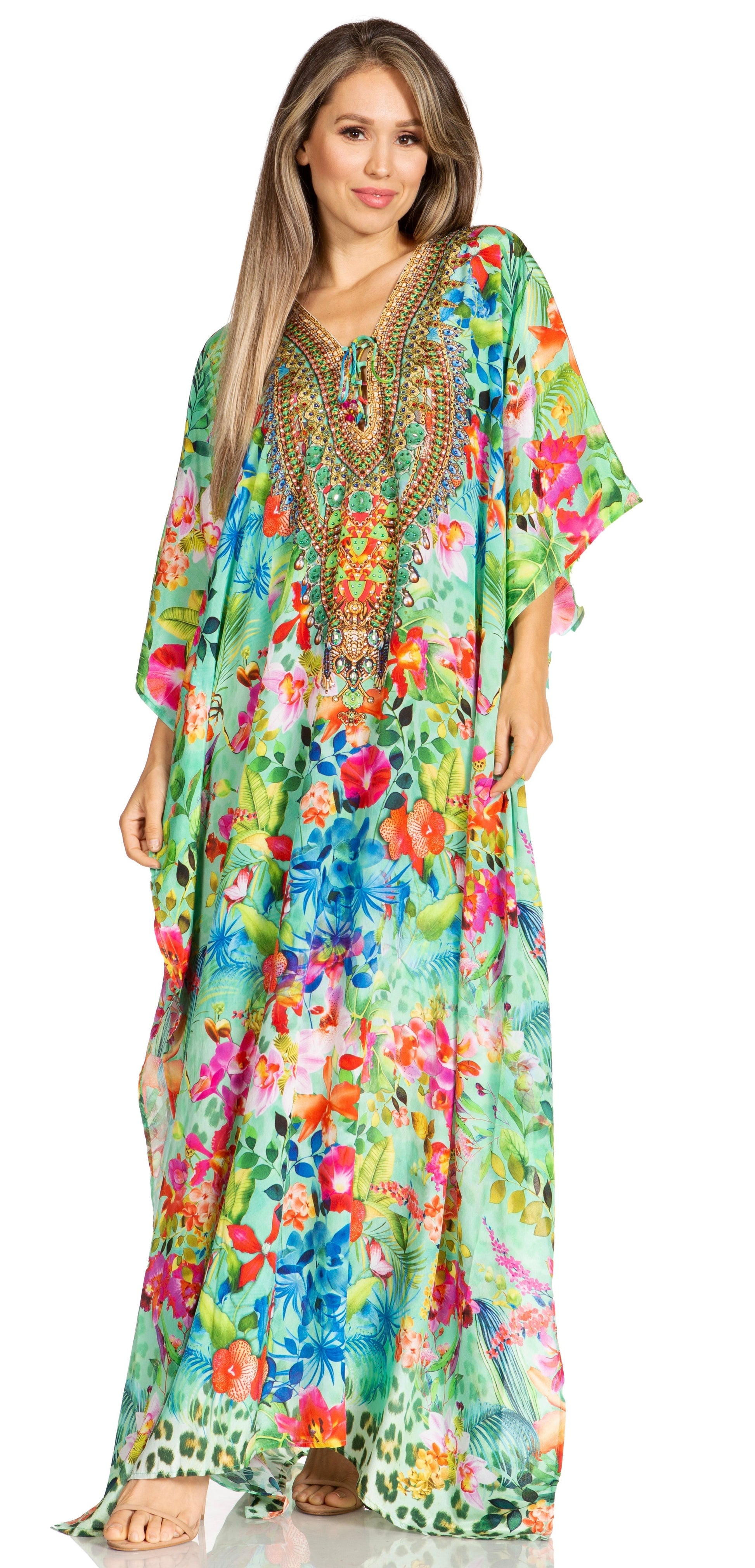Sakkas Yeni Women's Short Sleeve V-neck Summer Floral Long Caftan Dress Cover-up - Concordia Style Boutique