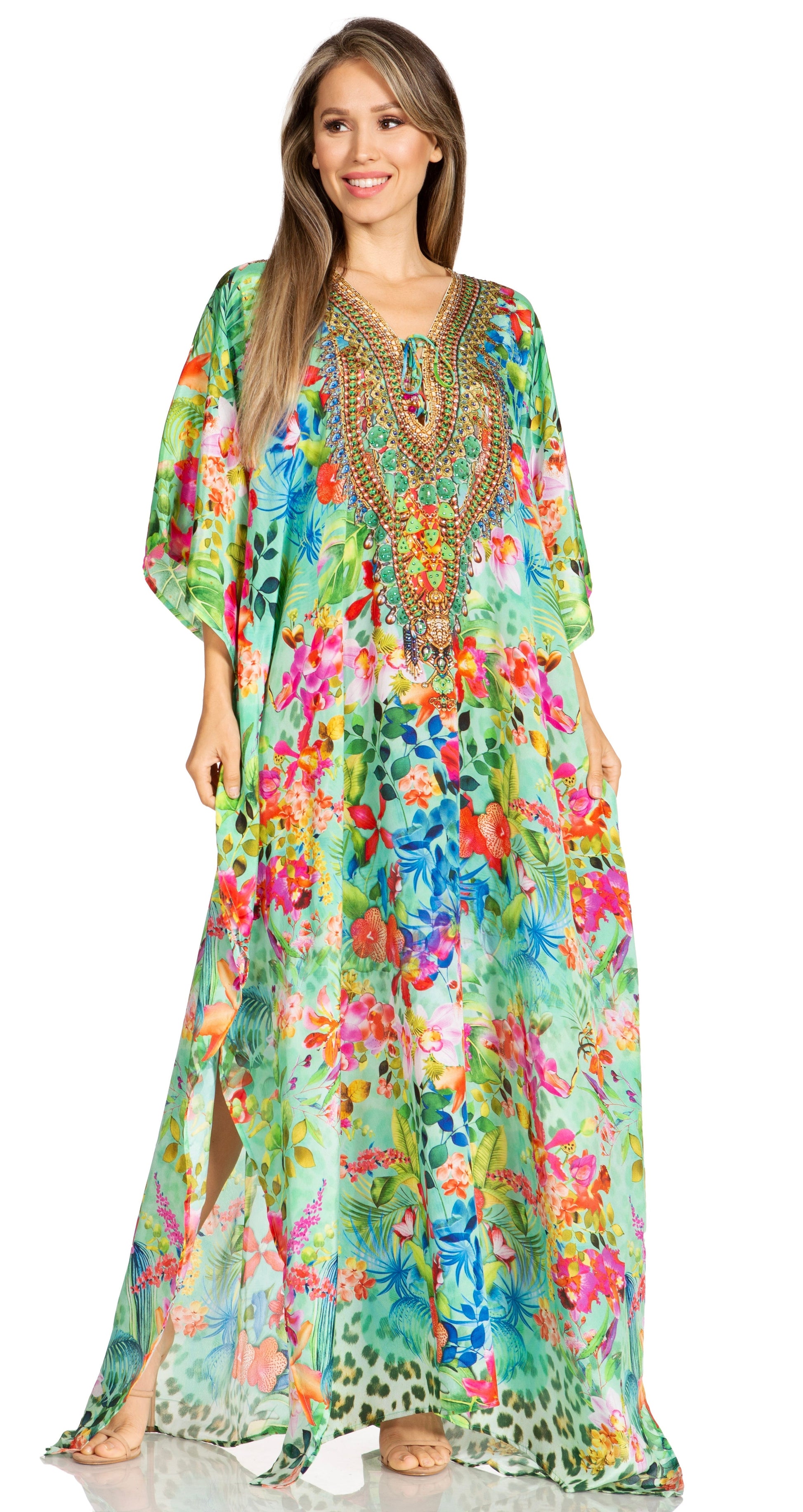 Sakkas Yeni Women's Short Sleeve V-neck Summer Floral Long Caftan Dress Cover-up - Concordia Style Boutique