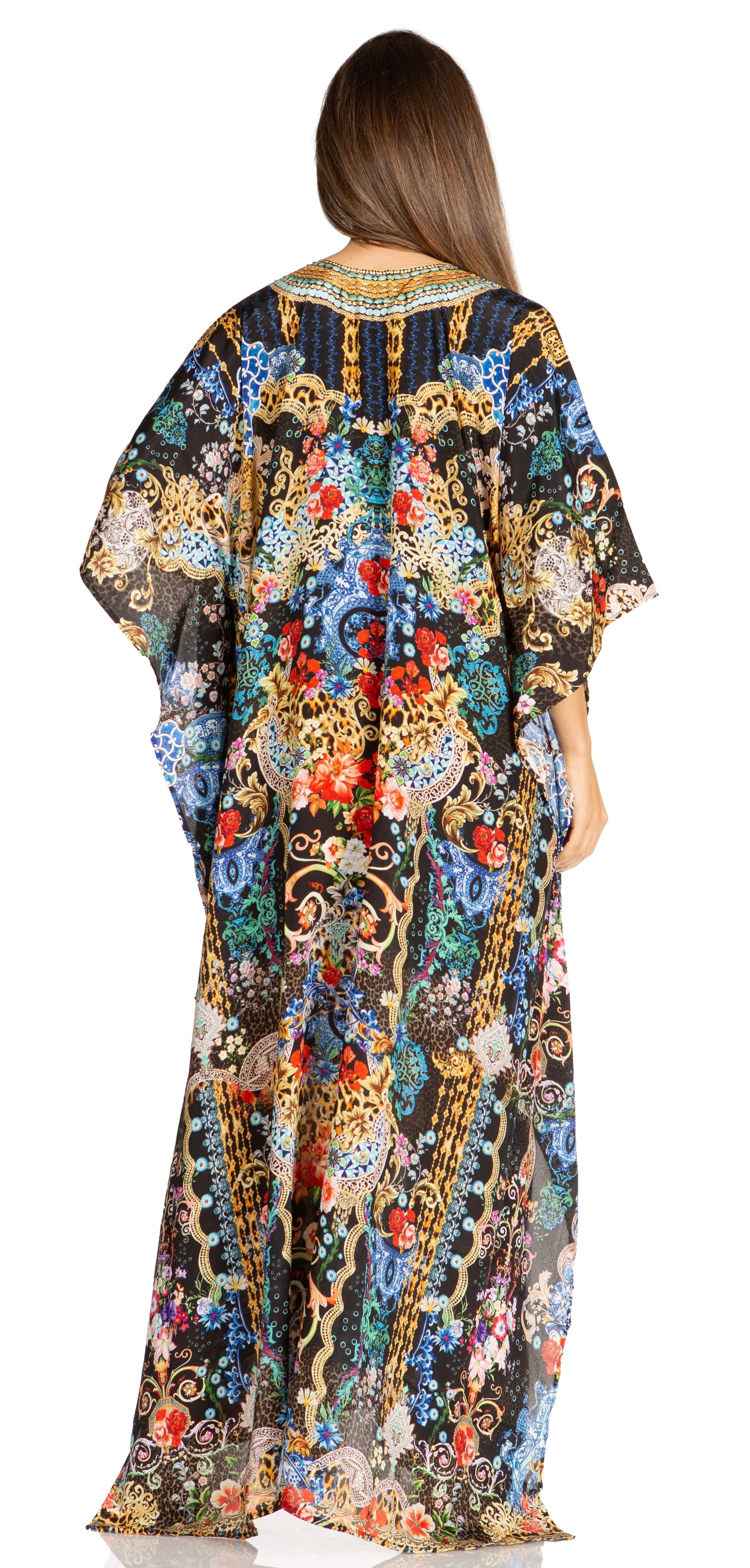 Sakkas Yeni Women's Short Sleeve V-neck Summer Floral Long Caftan Dress Cover-up - Concordia Style Boutique