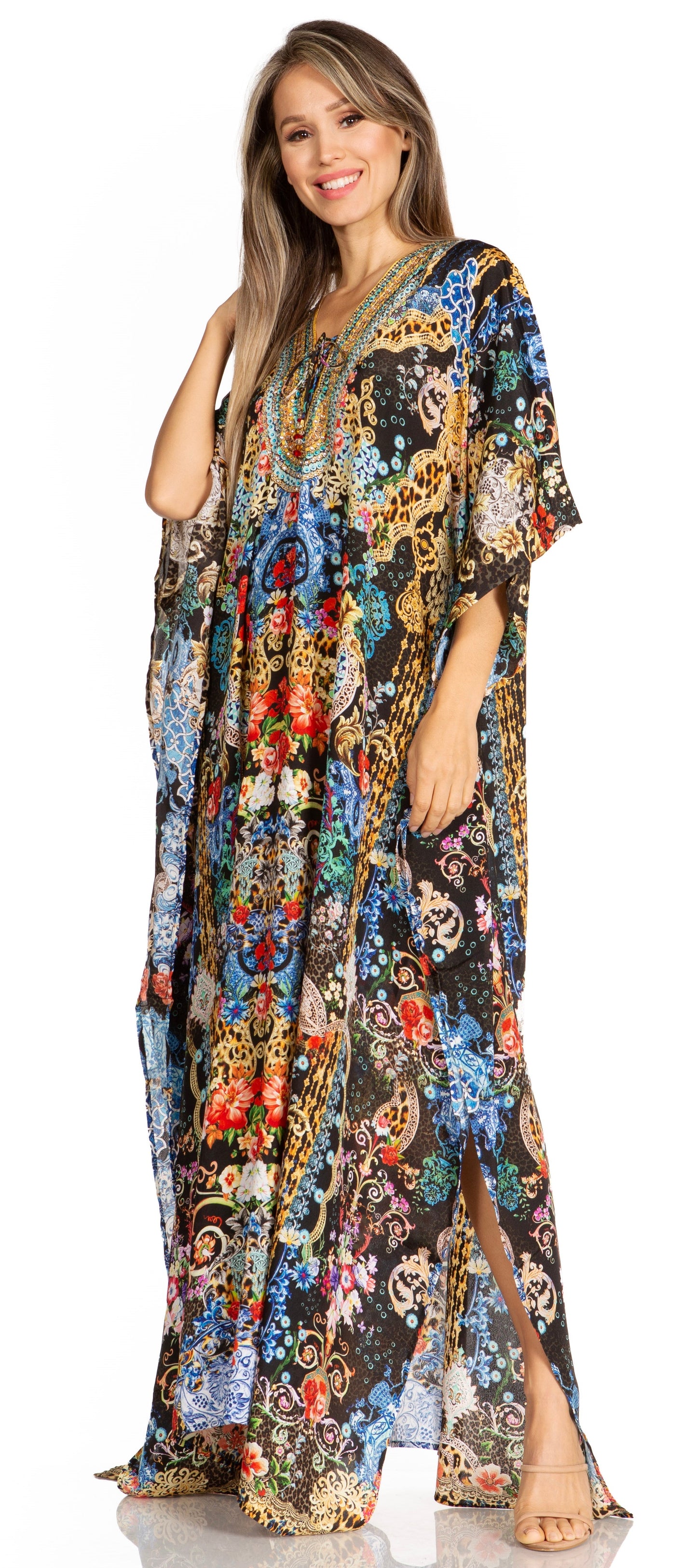 Sakkas Yeni Women's Short Sleeve V-neck Summer Floral Long Caftan Dress Cover-up - Concordia Style Boutique